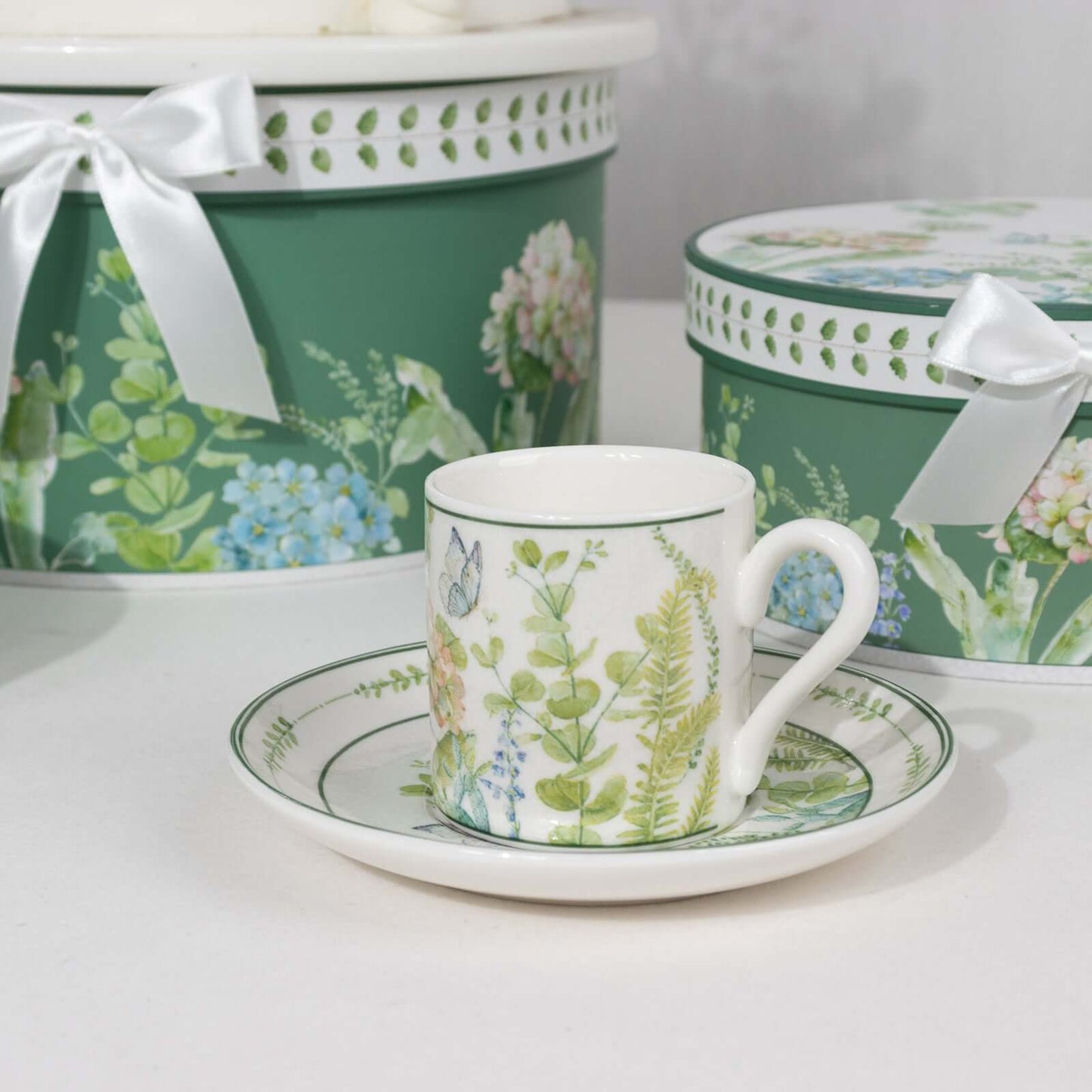 Greenery Theme Bridal Shower Gift Set, Set of 2 Porcelain Espresso Cups and Saucers with Matching Keepsake Box