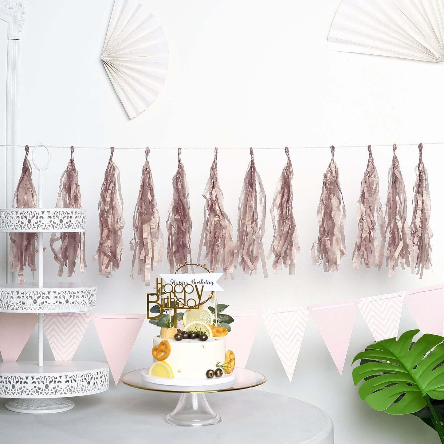 12 Pack Pre-Tied Rose Gold Paper Fringe Tassels With Garland String, Hanging Streamer Banner