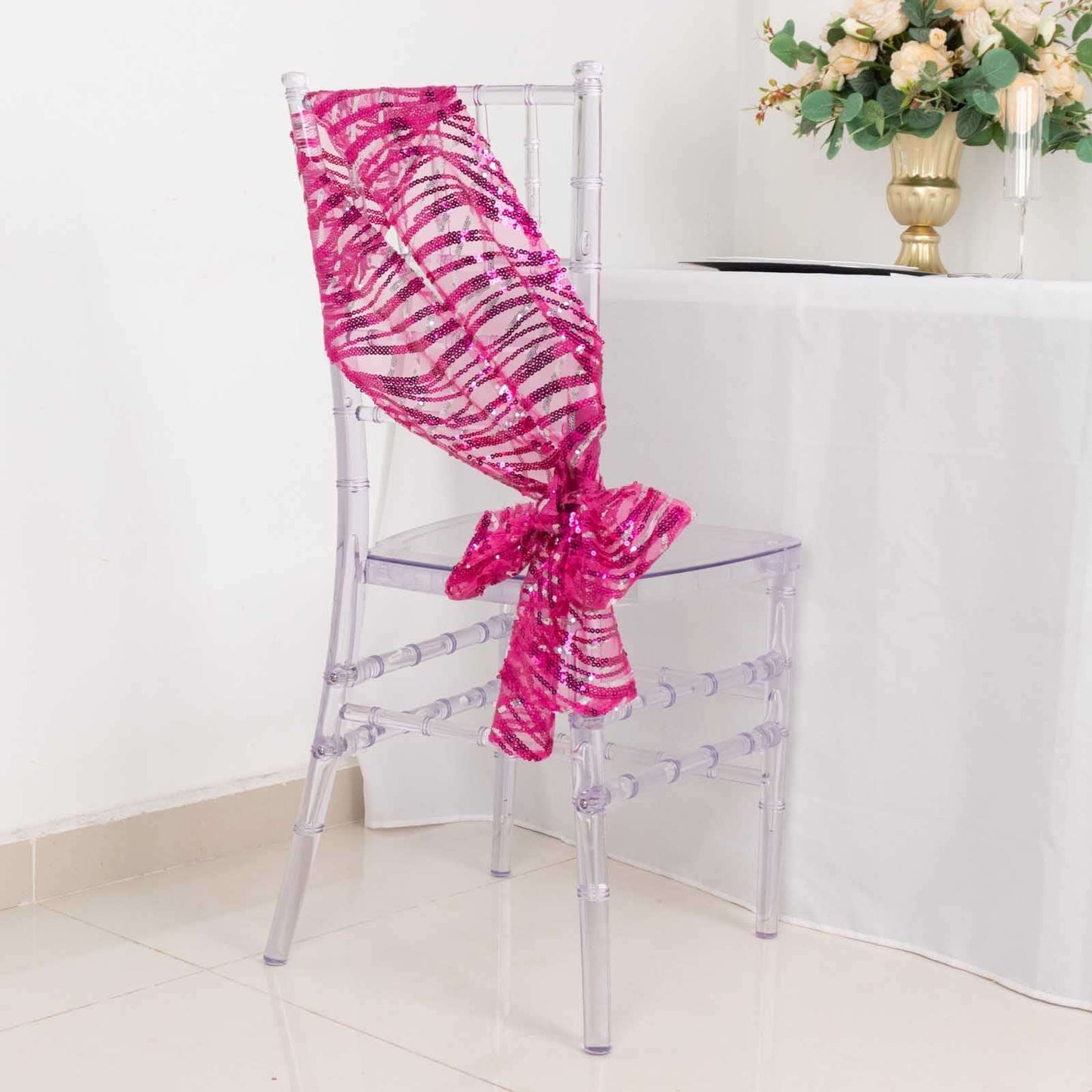 5 Pack Chair Sashes with Wave Embroidered Sequins Fuchsia/Silver 6"x88"
