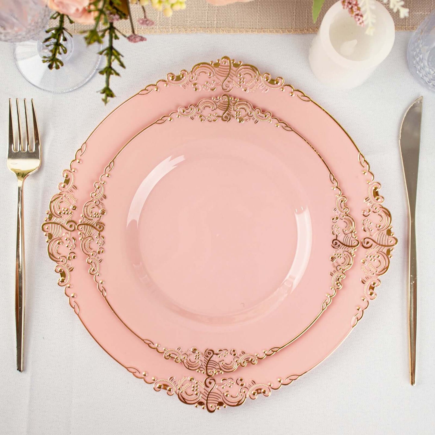10-Pack Plastic 8" Round Dessert Plates in Dusty Rose with Gold Leaf Embossed Rim - Disposable Vintage Baroque Style Salad Plates
