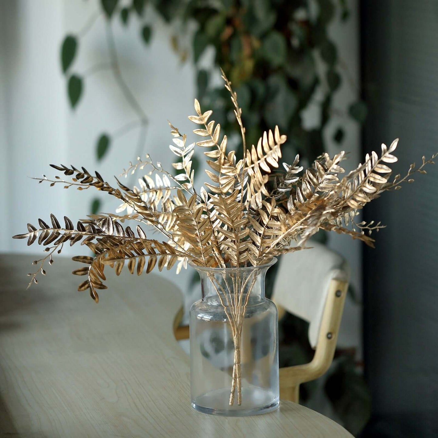 2-Pack Artificial Fern Leaf Branches Metallic Gold - Faux Decorative Bouquets for Glamorous Centerpiece Backdrop & Floral Decor 21"