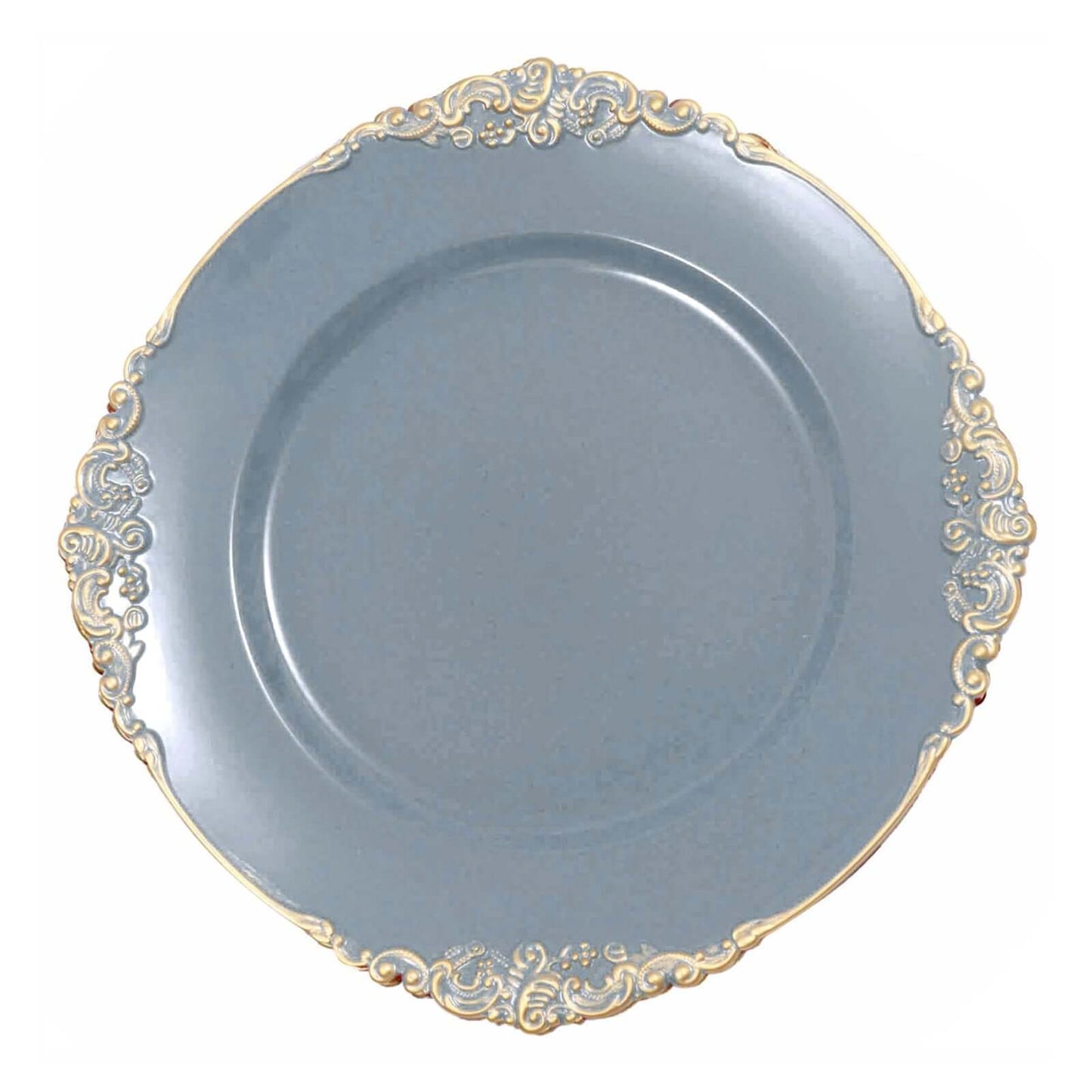 6-Pack Acrylic Round Charger Plates 13" in Dusty Blue with Gold Embossed Baroque Rim, Antique Decorative Dinner Party Charger Tableware