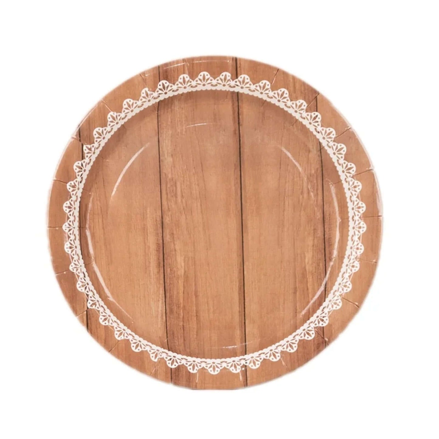25-Pack Paper 7" Round Dessert Plates in Brown Wood Grain Print with White Floral Lace Rim - Disposable Appetizer Salad Plates for Rustic Farmhouse Style Events