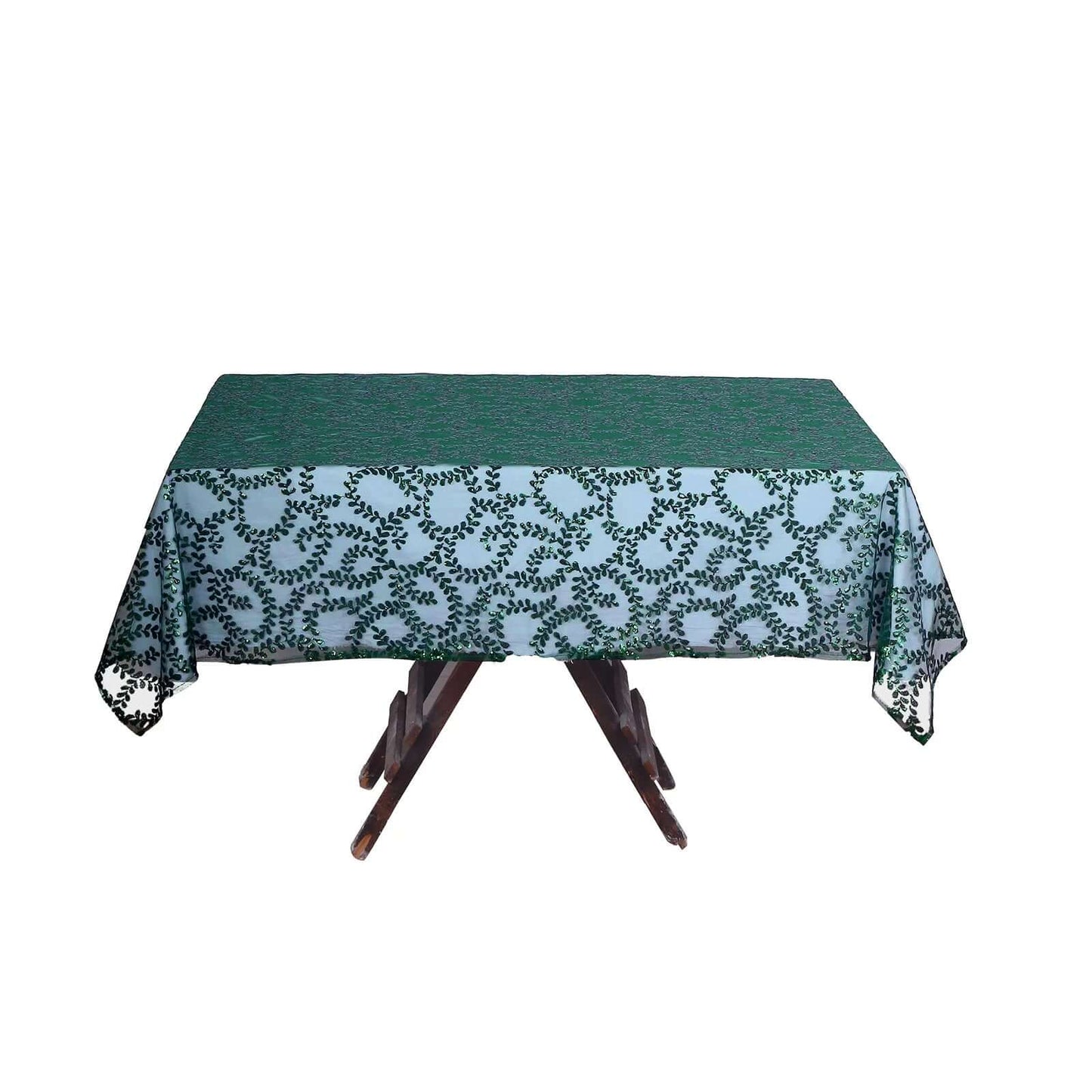Tulle 72"x72" Table Overlay Square Tablecloth Hunter Emerald Green - Sequin Leaf Embroidered Table Topper