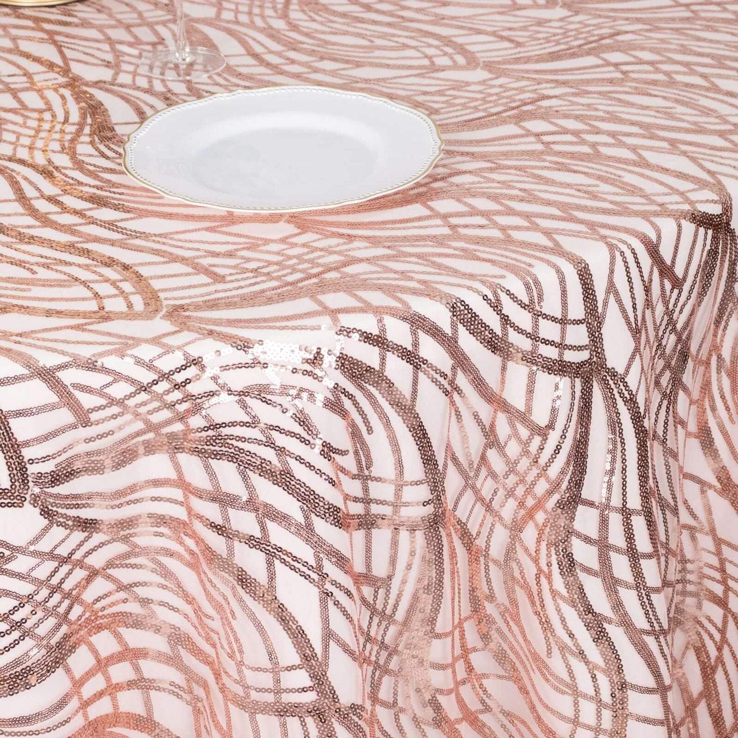 Sequin Mesh 120" Round Tablecloth Rose Gold - Seamless Wave Embroidered Table Cover