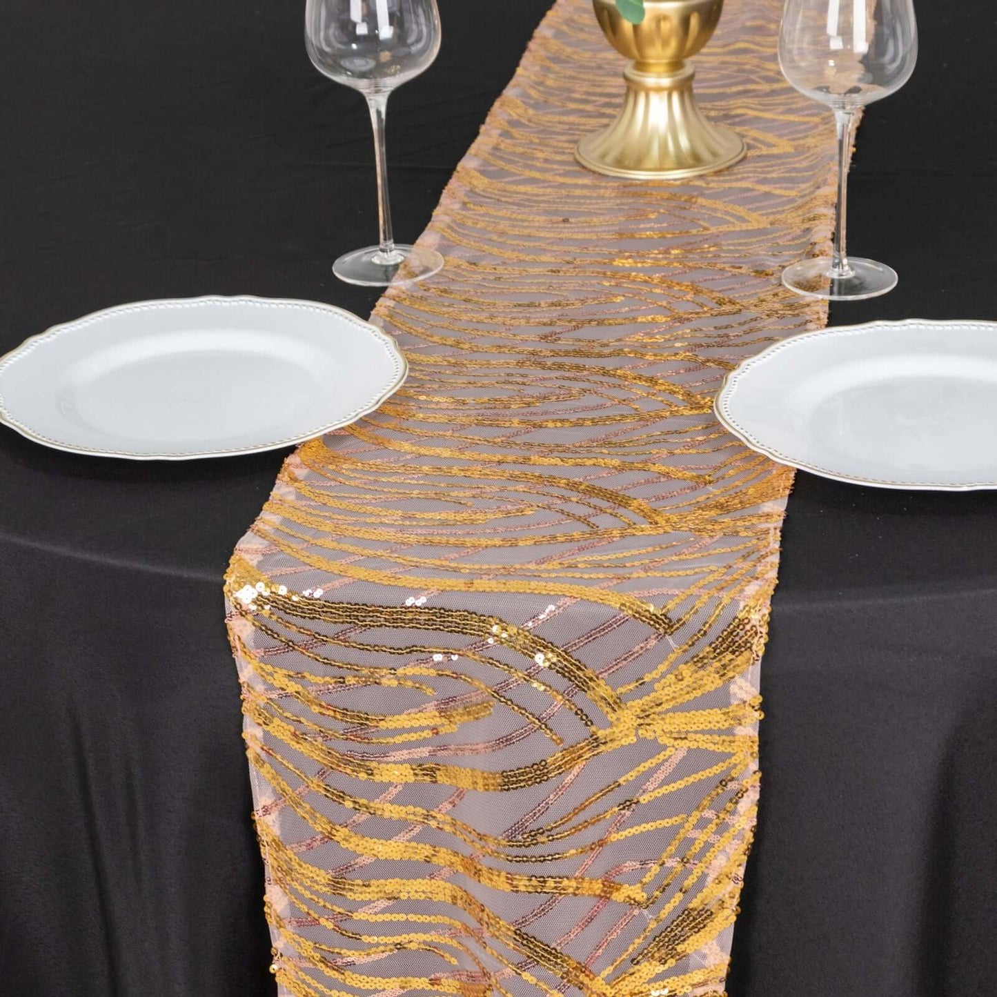 Sequin Mesh 12"x108" Table Runner Rose Gold/Gold Stylish Wave Embroidery