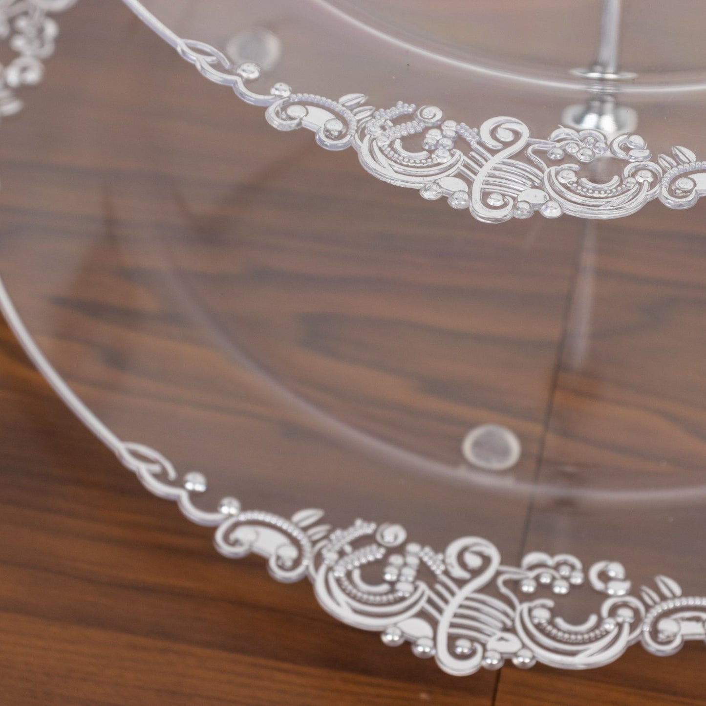 3-Tier Clear Plastic Cupcake Tower Stand with Silver Embossed Baroque Rim, 13" Round Cake Dessert Holder Display Stand Tiered Serving Tray with Top Handle