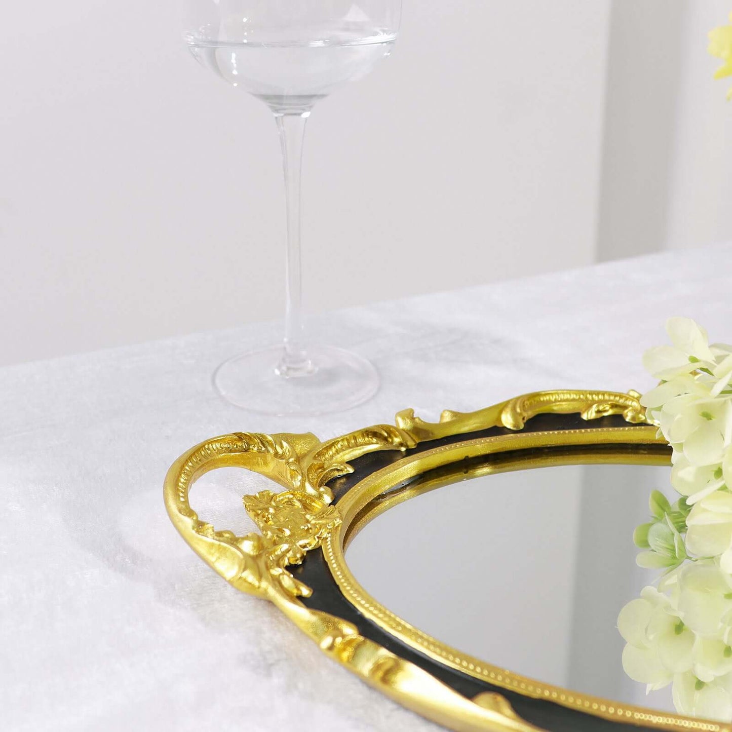 Resin Mirrored Vanity Oval Serving Tray 14"x10" in Black with Metallic Gold Baroque Design, Stylish Decorative Vanity Tray Centerpiece