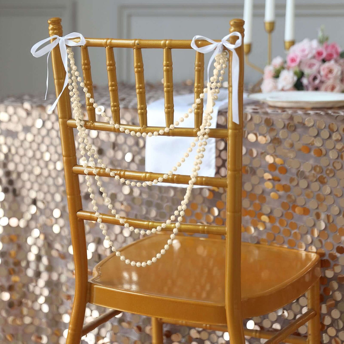 Faux Pearl Beaded 16" Chair Back Garland Sash Ivory Gatsby-Inspired Style - Pre-Tied Chic Wedding Decor for Chiavari Chairs