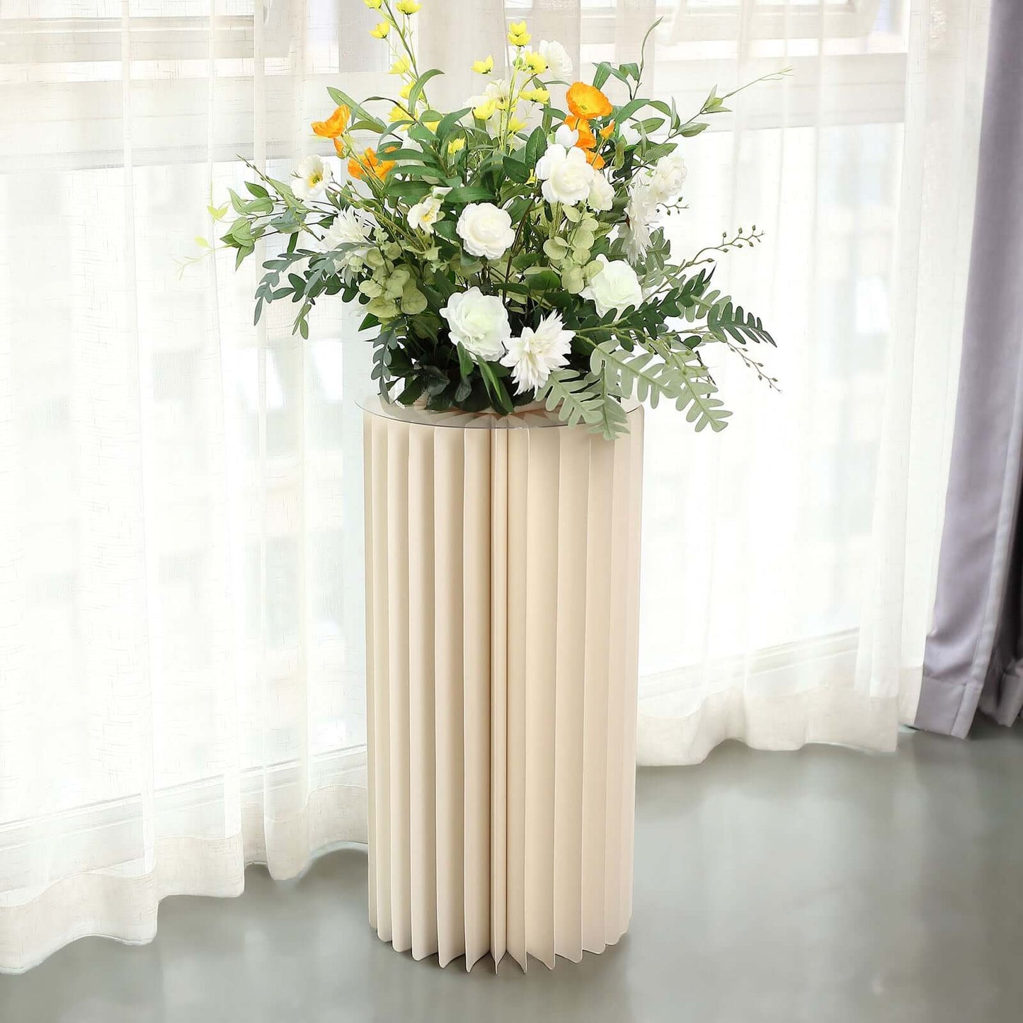 32" Ivory Cylinder Display Column Stand, Pillar Pedestal Stand With Top Plate