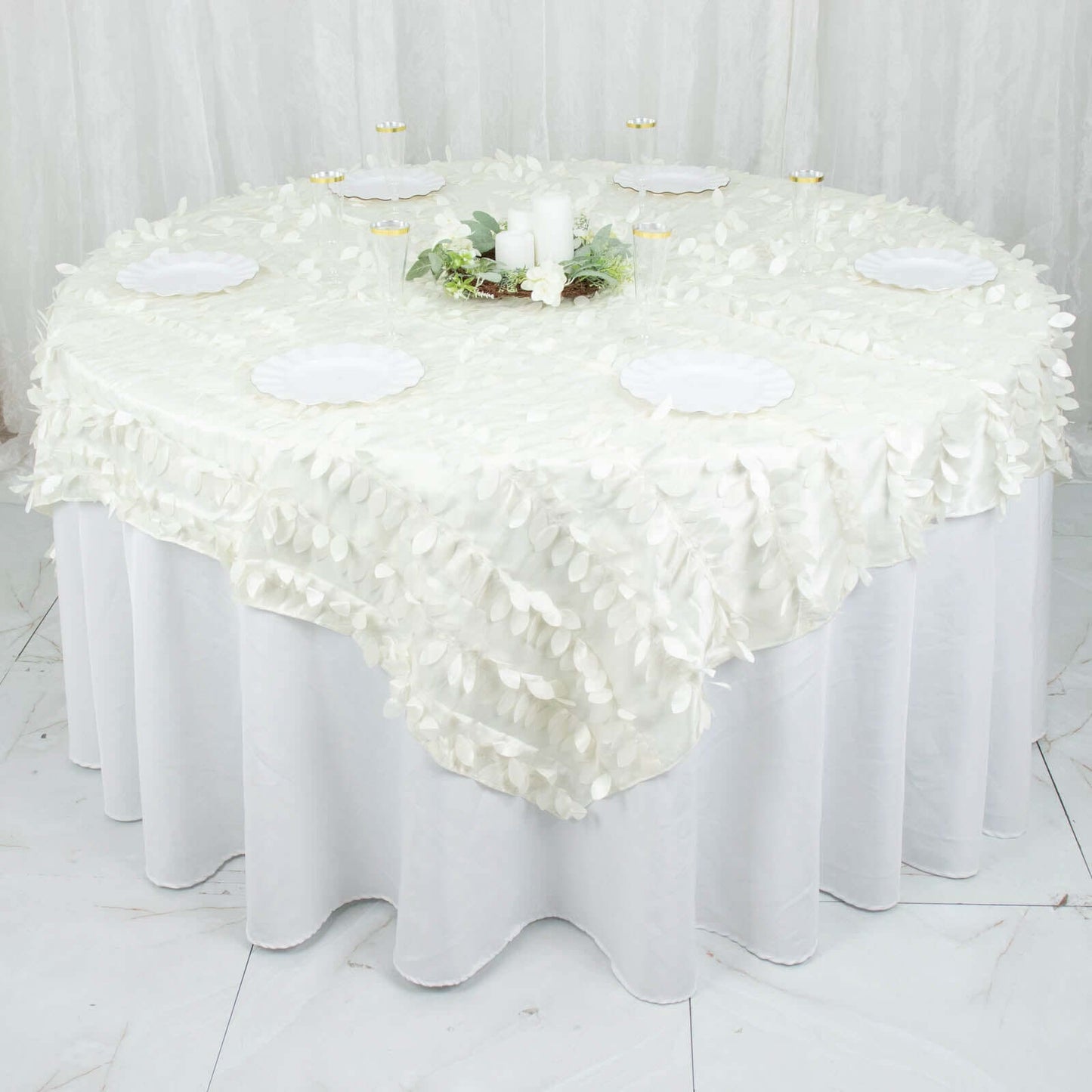 Taffeta 54"x54" Table Overlay Square Tablecloth Ivory 3D Leaf Petal Table Cover