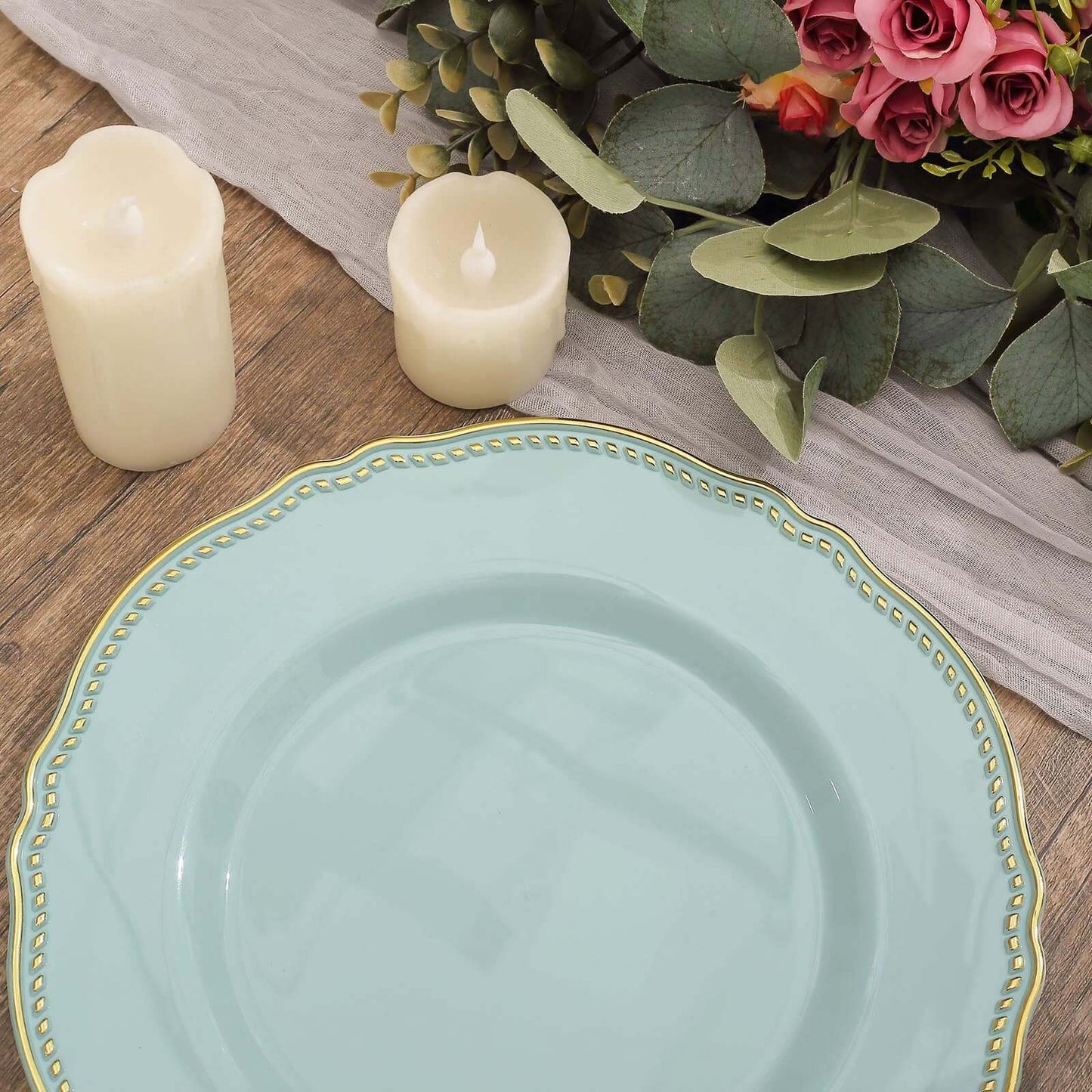 10-Pack Plastic 10" Dinner Plates in Jade with Gold Scalloped Rim - Disposable Large Party Plates