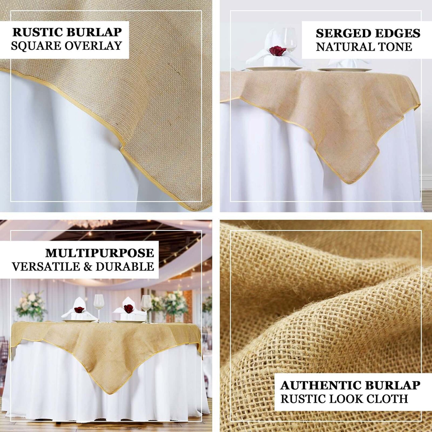 Jute Burlap 60"x60" Square Overlay Tablecloth Natural - Rustic Design for Authentic Charm - Linen Luxes