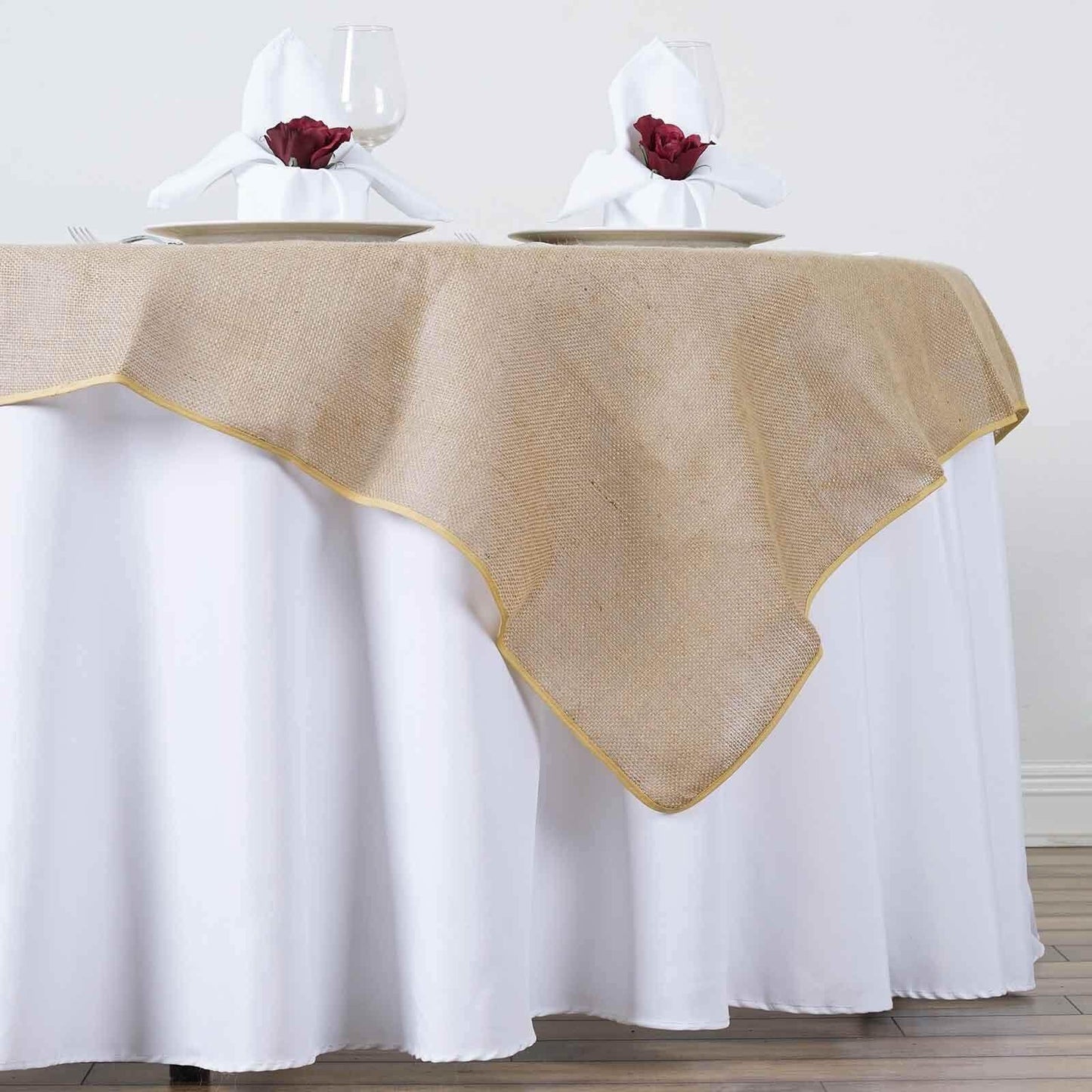 Jute Burlap 60"x60" Square Overlay Tablecloth Natural - Rustic Design for Authentic Charm - Linen Luxes