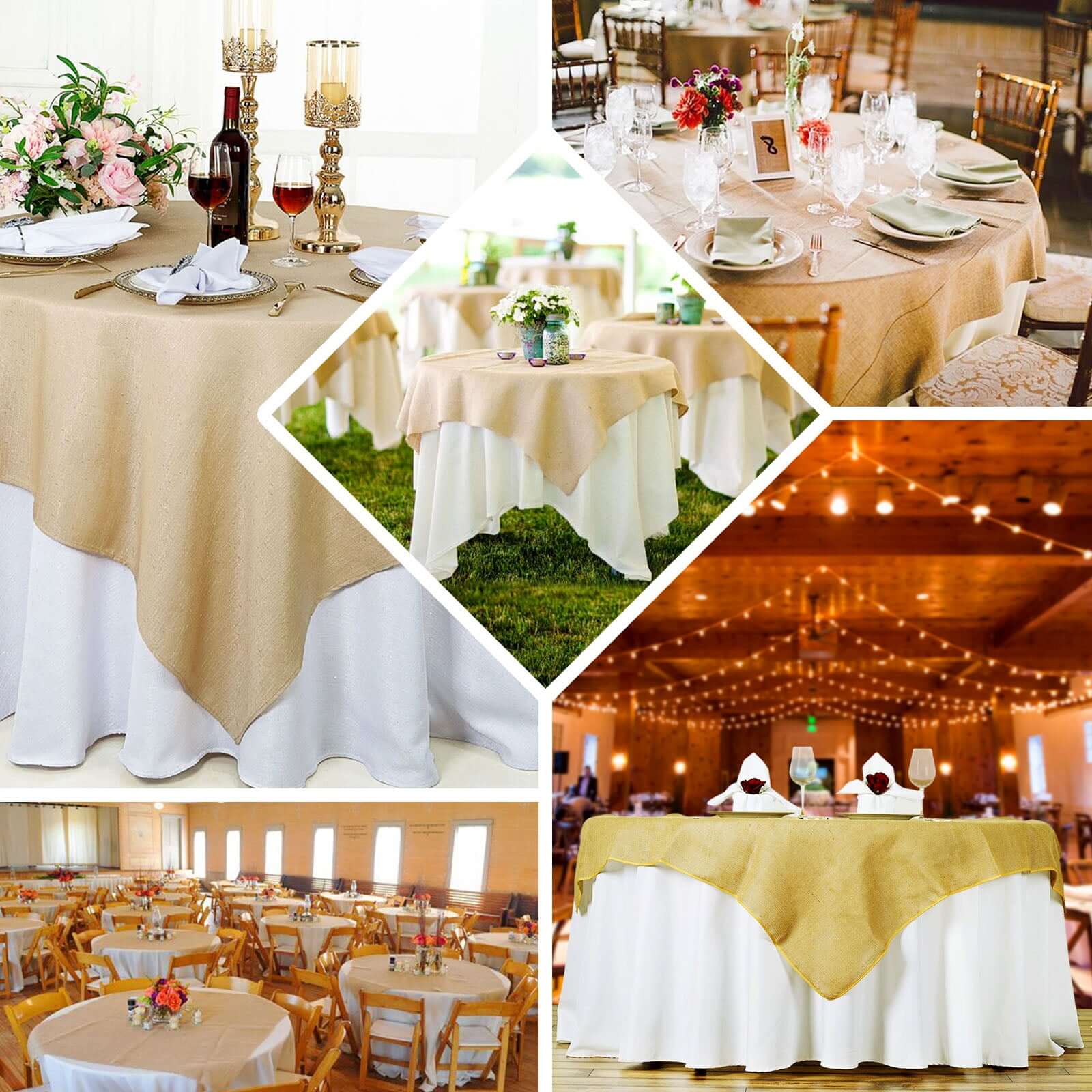 Jute Burlap 60"x60" Square Overlay Tablecloth Natural - Rustic Design for Authentic Charm - Linen Luxes