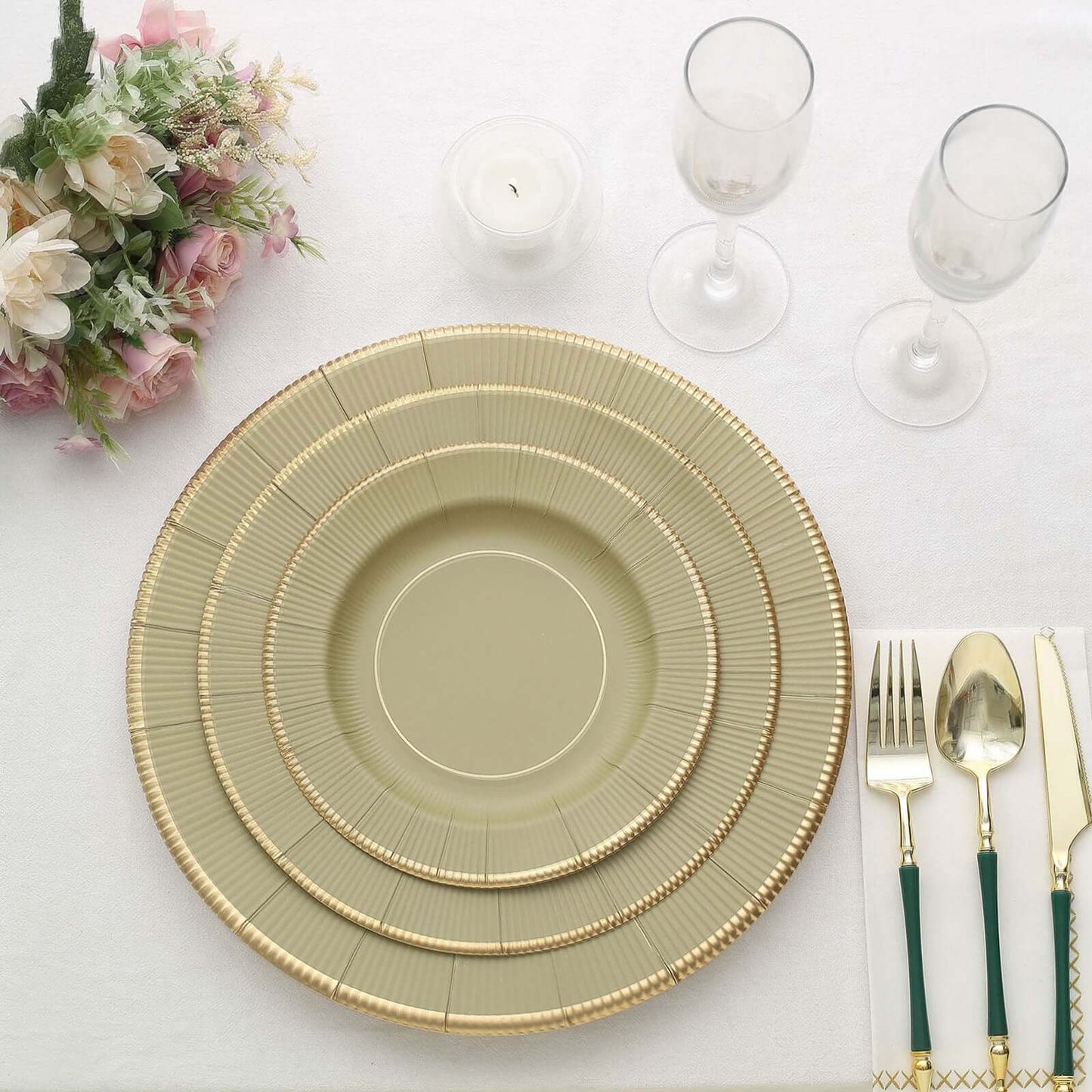 25-Pack Disposable Round Charger Plates in Khaki Sunray Design with Gold Rim - 350GSM Heavy Duty Paper Chargers 13"