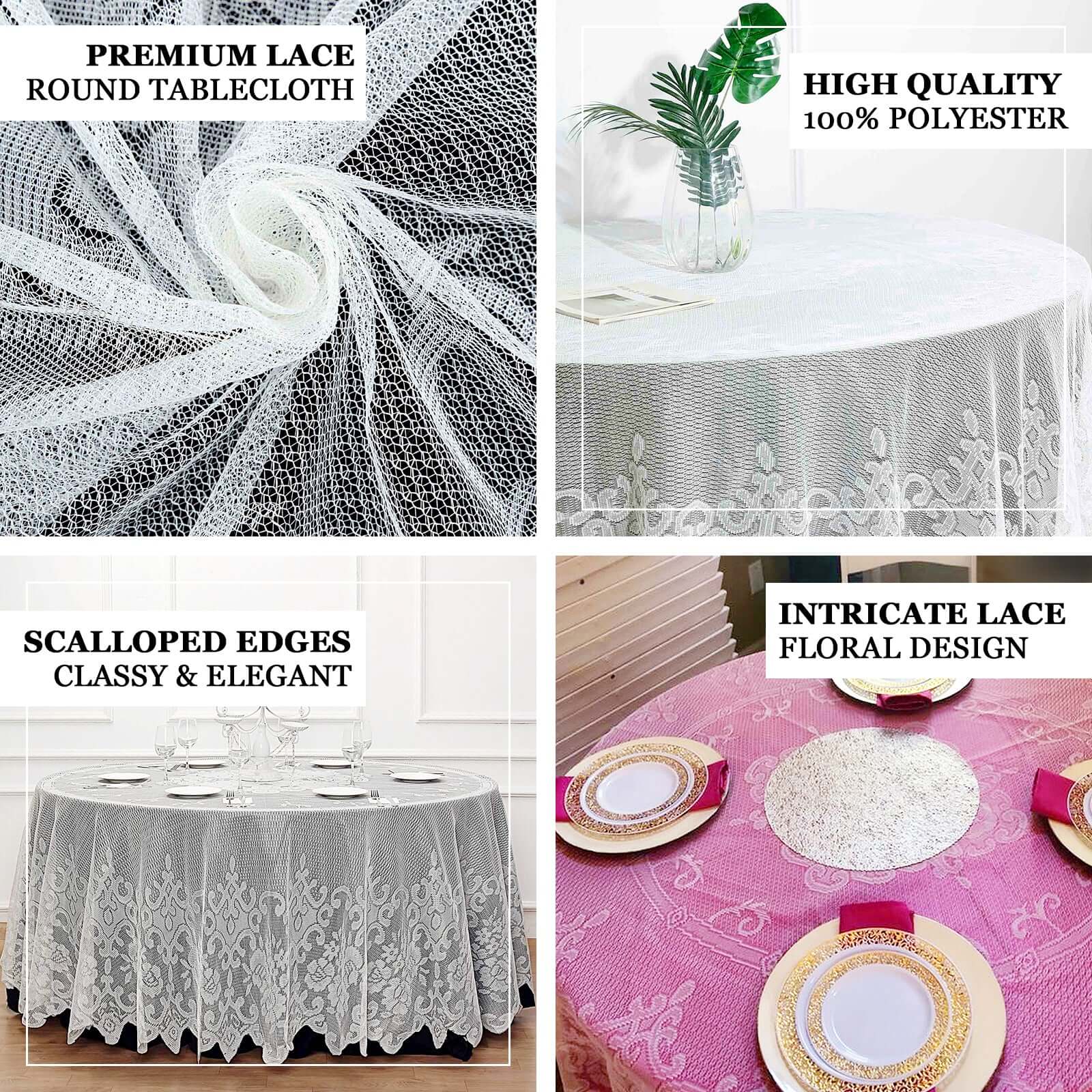 Lace 108" Round Tablecloth White - Premium Design for Formal Table Settings - Linen Luxes