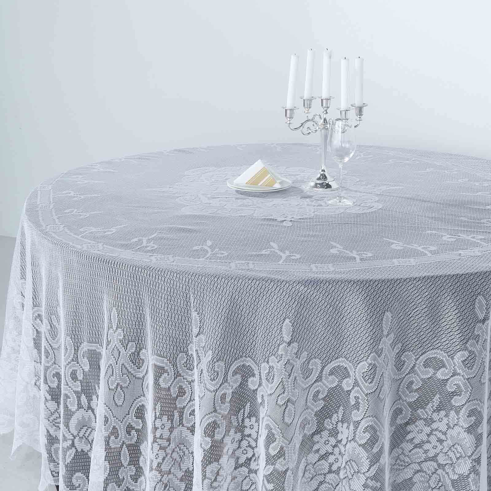 Lace 108" Round Tablecloth White - Premium Design for Formal Table Settings - Linen Luxes