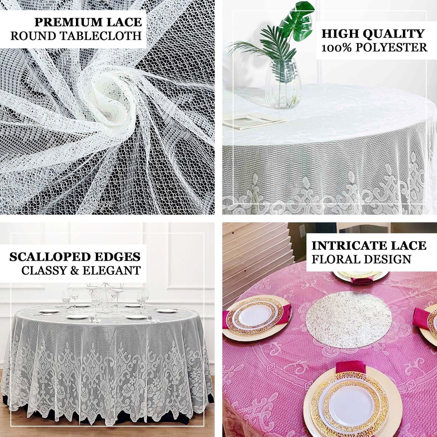 Lace 120" Round Tablecloth White - Seamless Premium Design for Upscale Celebrations - Linen Luxes