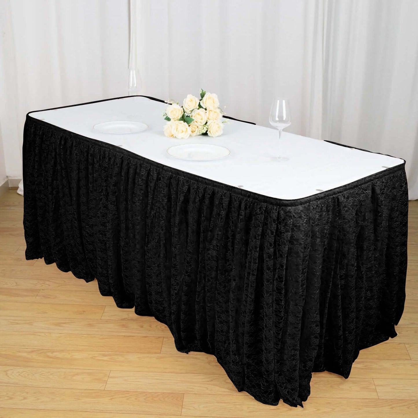 Lace 14ft Table Skirt Black Premium Pleated - Vintage Style for Parties - Linen Luxes
