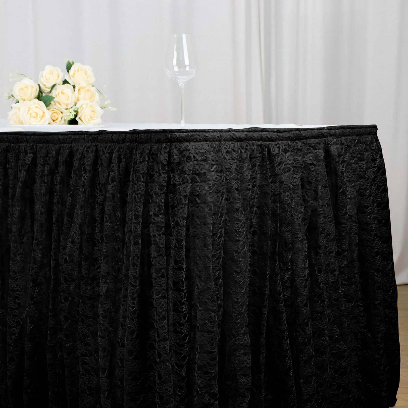 Lace 14ft Table Skirt Black Premium Pleated - Vintage Style for Parties - Linen Luxes