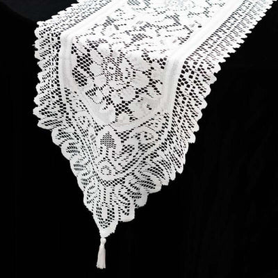 Lace 14"x108" Table Runner White Floral Embroidered - Vintage Style Tabletop Decor - Linen Luxes