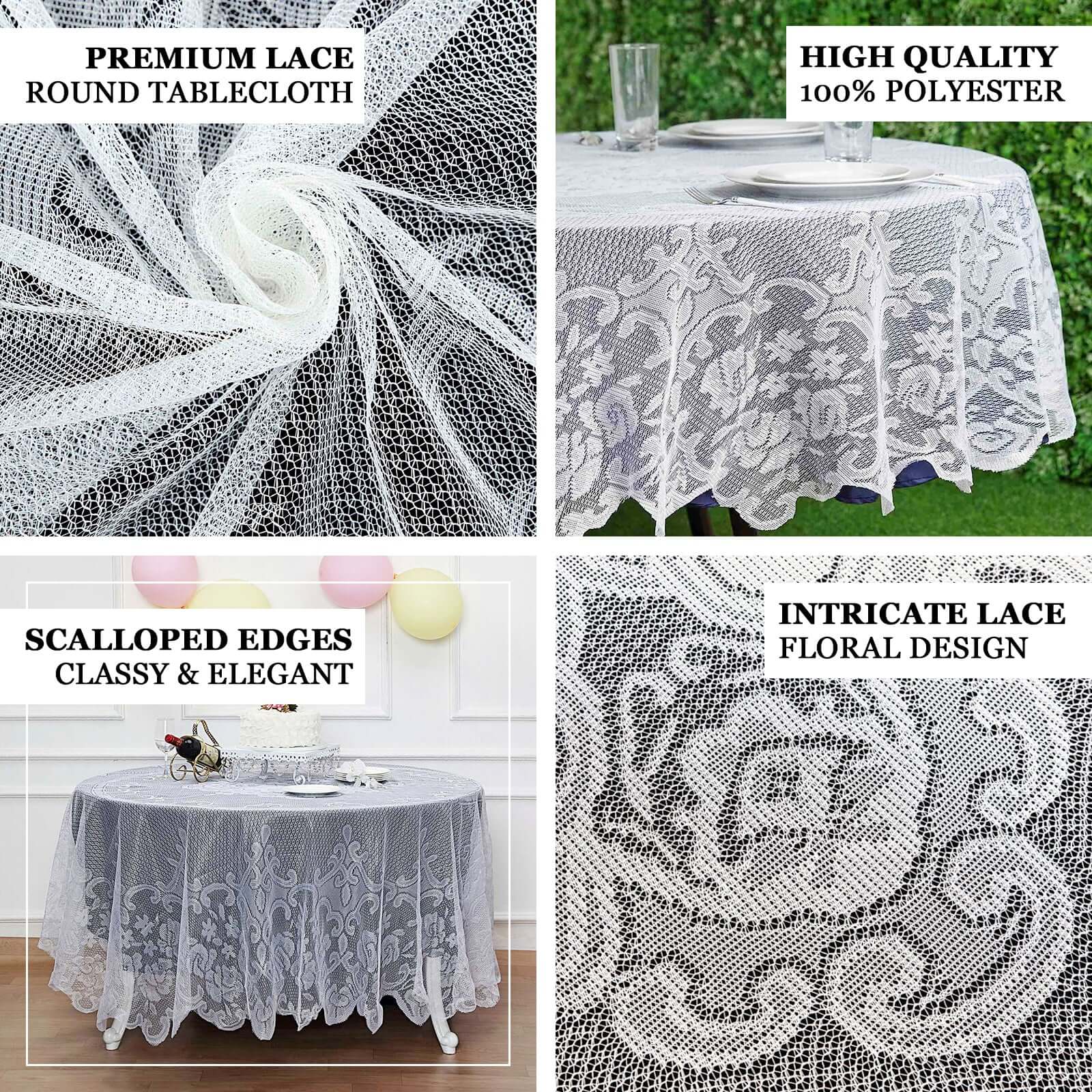 Lace 70" Round Tablecloth White - Premium Design for Intimate Table Settings - Linen Luxes