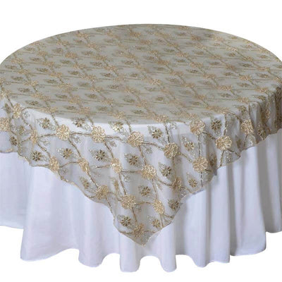 Lace 72"x72" Table Overlay Square Tablecloth Champagne - Satin Sequin Floral Embroidered Design for Special Events - Linen Luxes