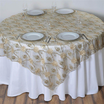 Lace 72"x72" Table Overlay Square Tablecloth Champagne - Satin Sequin Floral Embroidered Design for Special Events - Linen Luxes