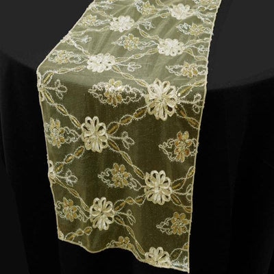 Lace Netting 14"x108" Table Runner Champagne Satin Floral Embellishments - Chic Vintage Table Decor - Linen Luxes