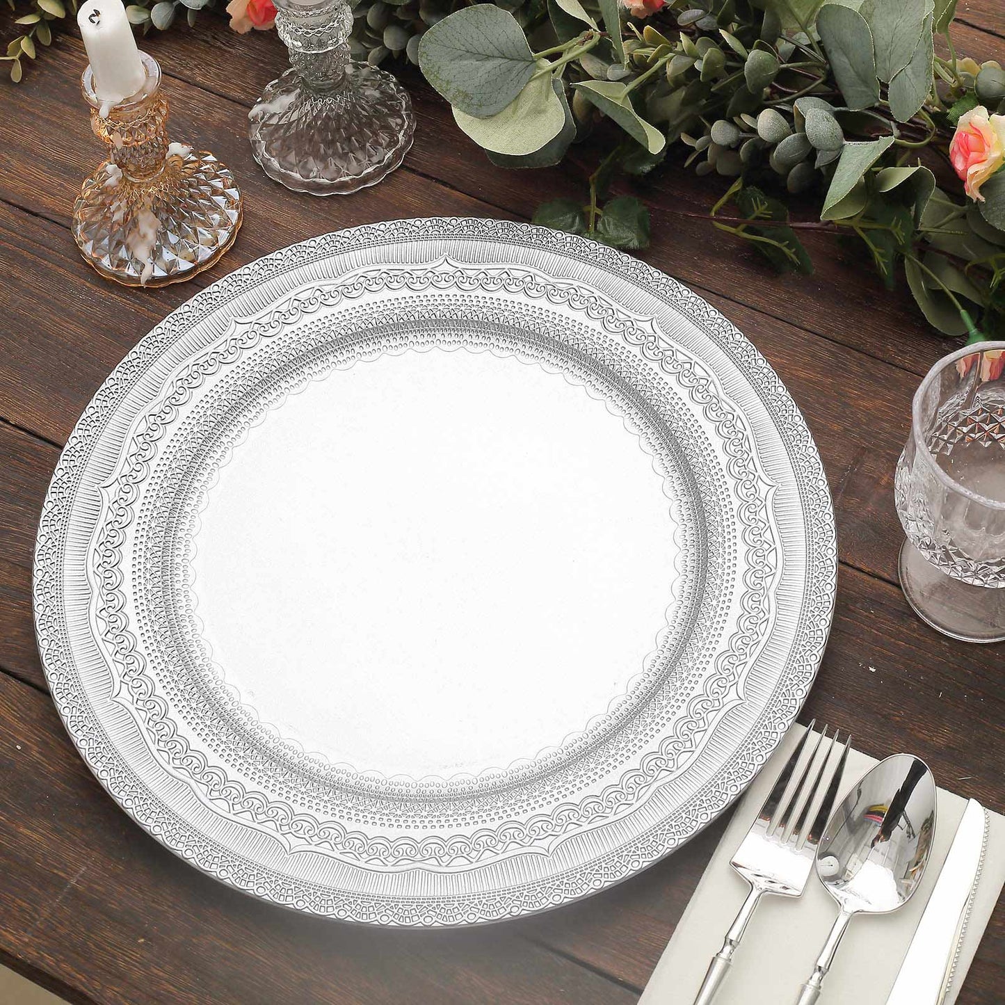 6-Pack Acrylic Round Charger Plates 13" in Silver with Lace Embossed Rim, Rustic Plastic Decorative Charger Tableware