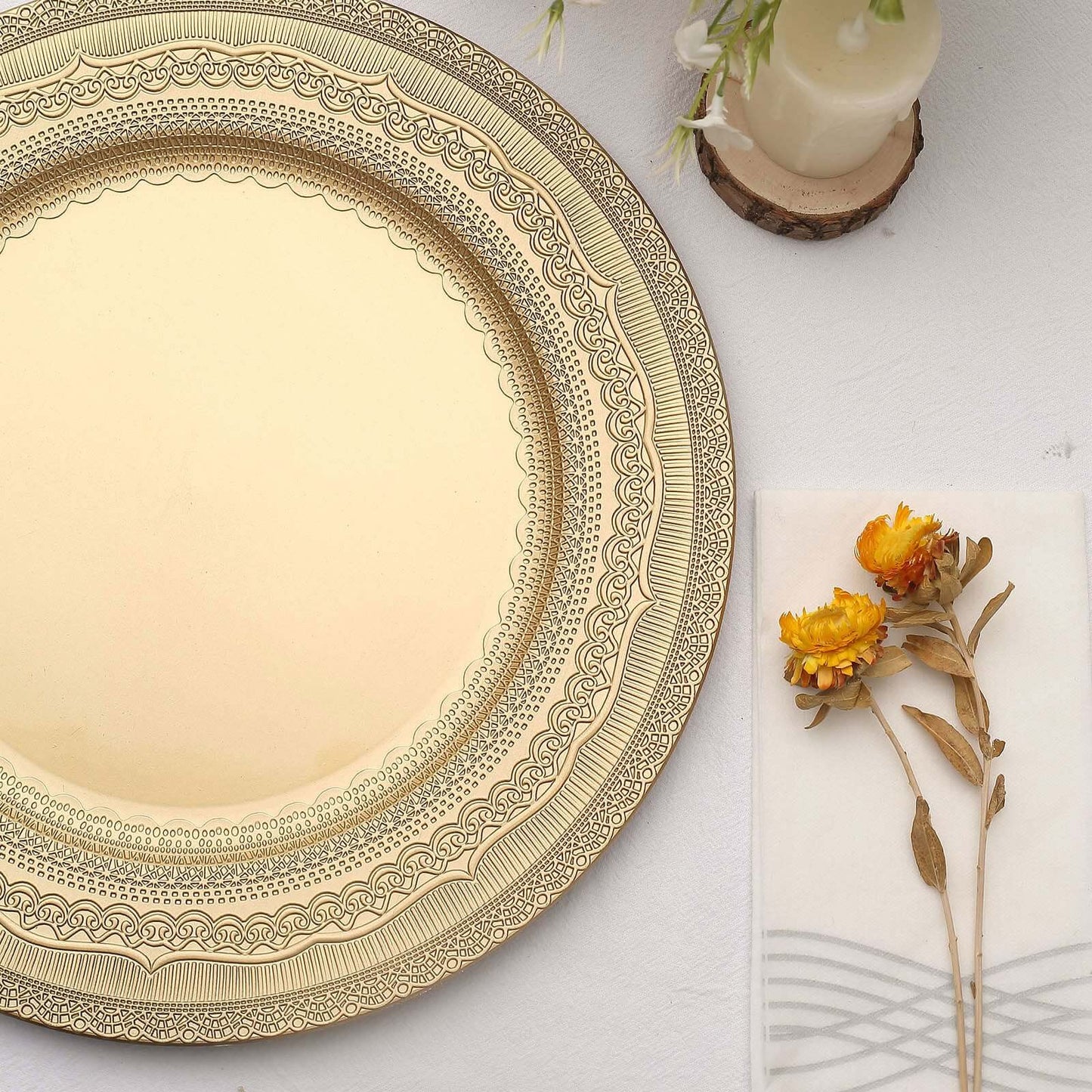 6-Pack Acrylic Round Charger Plates 13" in Gold with Lace Embossed Rim, Rustic Plastic Decorative Charger Tableware