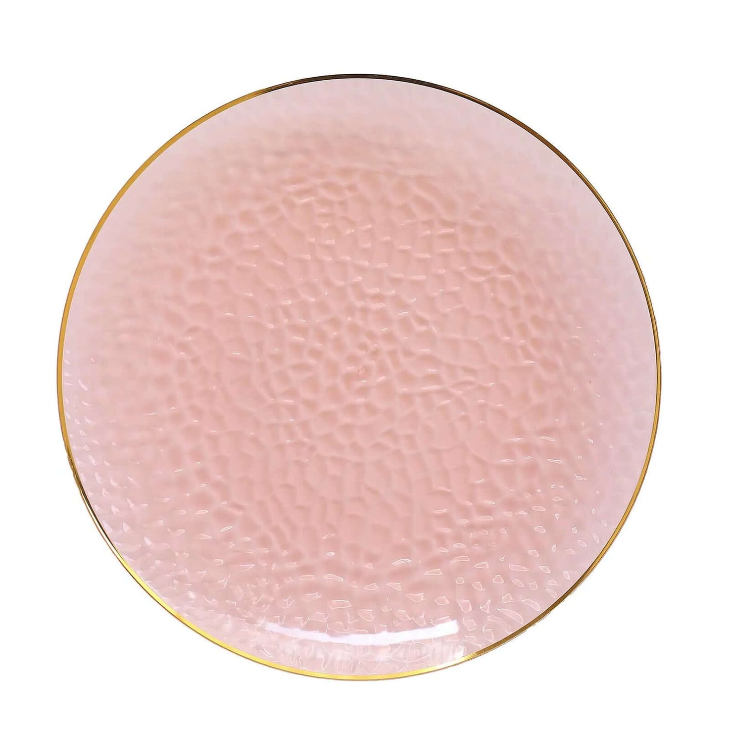 10 Pack Economy Plastic Round Charger Plates 13" in Transparent Blush Hammered Design with Gold Rim, Decorative Dinner Party Serving Plates