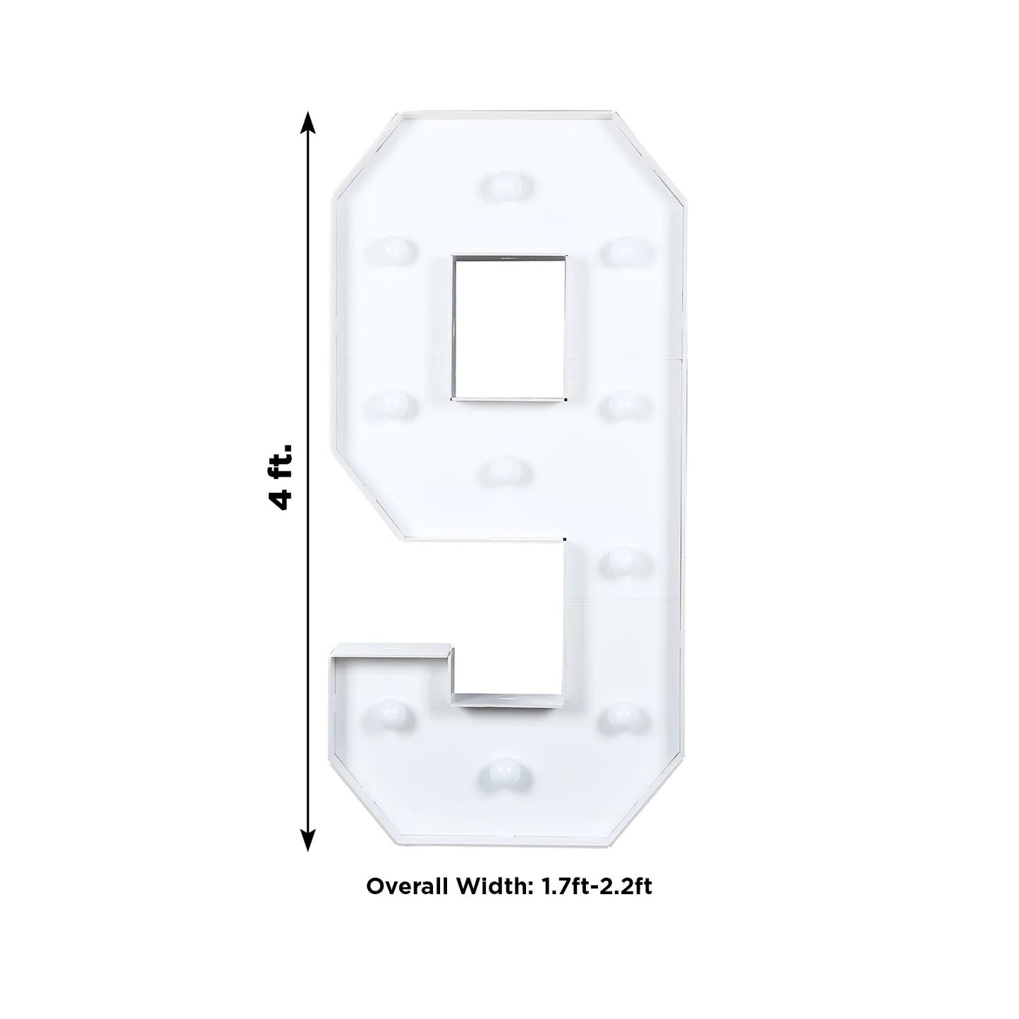 Giant LED Marquee Light Up Number "9", White 4ft Pre-Cut Foam Board with 10 Warm White Battery Operated LEDs, Glue Gun and Sticks
