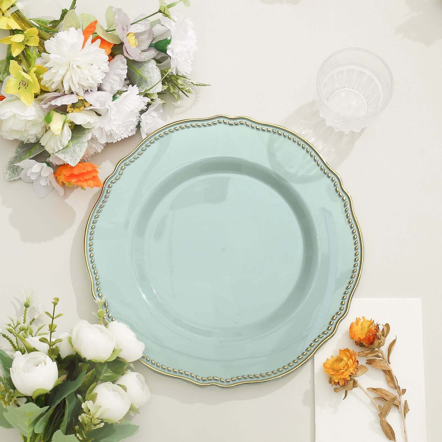 10-Pack Plastic 10" Dinner Plates in Jade with Gold Scalloped Rim - Disposable Large Party Plates