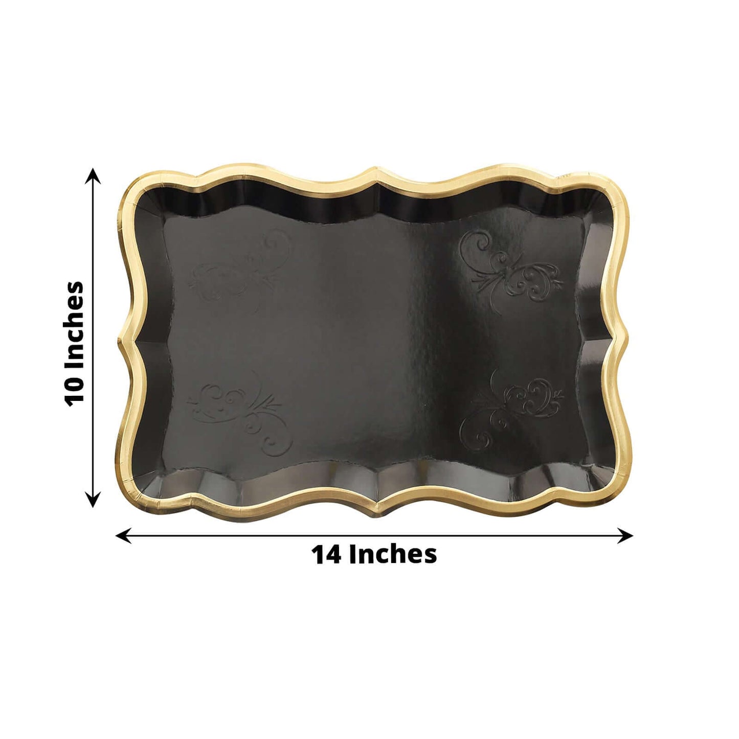 10-Pack Paper 14"x10" Rectangle Serving Trays Black - Heavy Duty Disposable 400GSM Cardboard Party Platters with Exquisite Gold Rim for Weddings & Parties