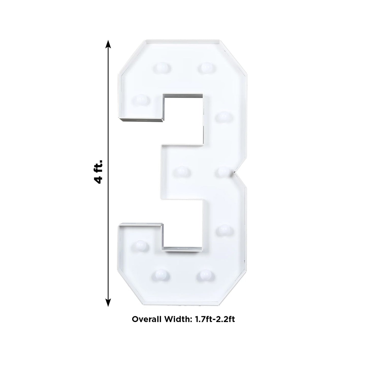 Giant LED Marquee Light Up Number "3", White 4ft Pre-Cut Foam Board with 10 Warm White Battery Operated LEDs, Glue Gun and Sticks