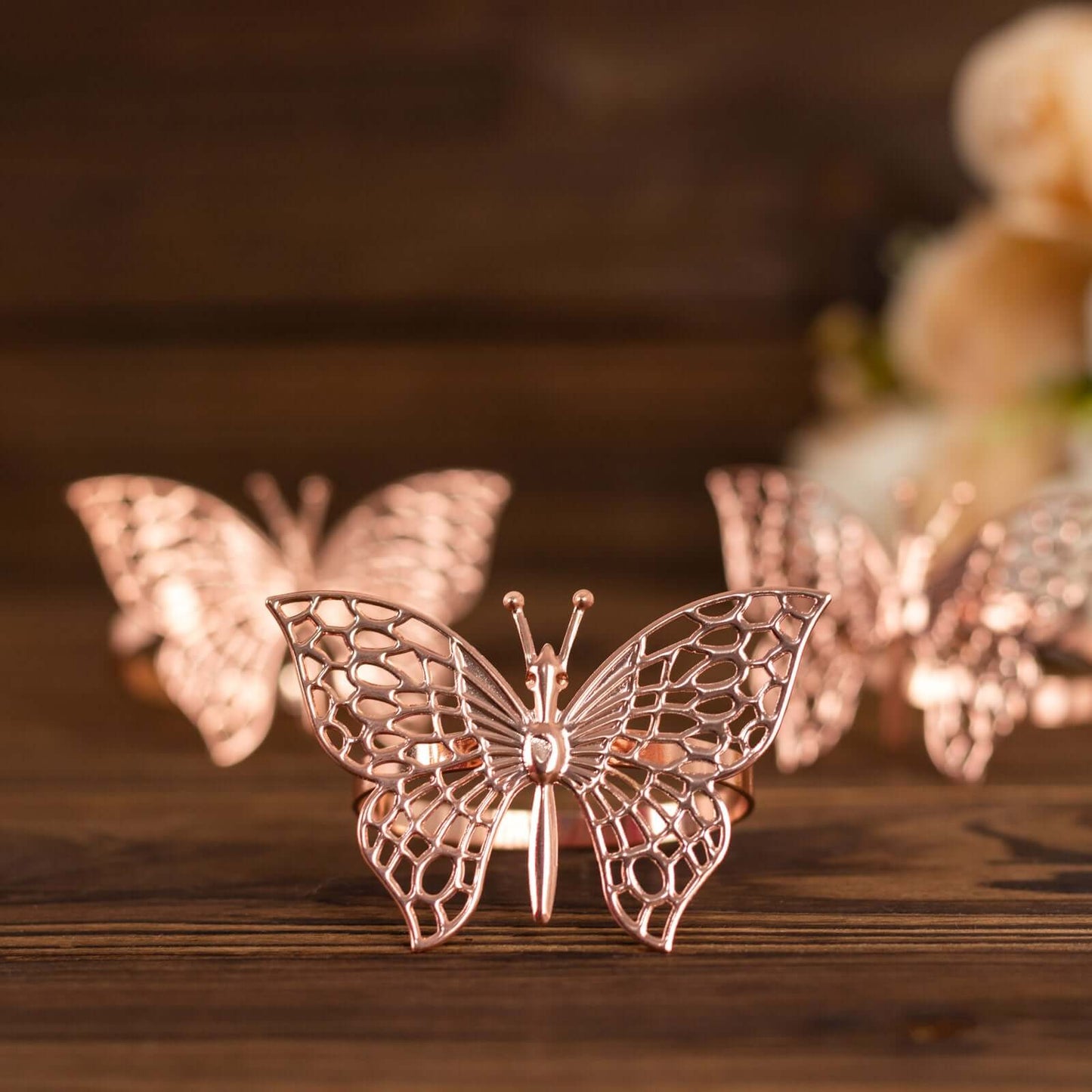 4 Pack Rose Gold Metal Butterfly Napkin Rings, Decorative Laser Cut Cloth Napkin Holders