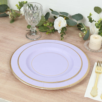 25-Pack Paper 10" Round Dinner Plates in Lavender Lilac Sunray Design with Gold Rim - Disposable Heavy Duty 350GSM Party Plates