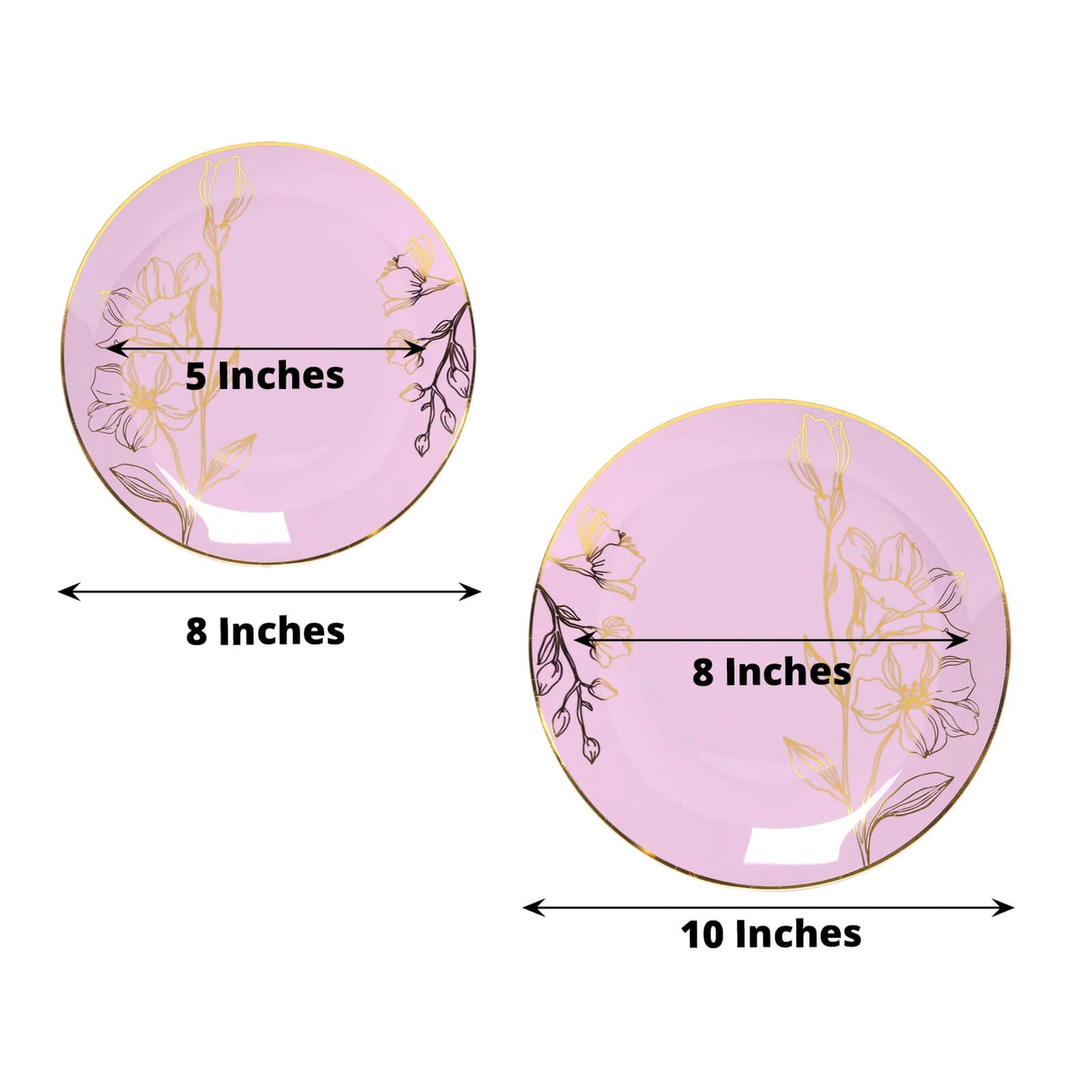 Set of 20 Plastic Round Dinner and Dessert Plates in Lavender Lilac with Metallic Gold Floral Design - Stylish Disposable Dinnerware 8", 10"