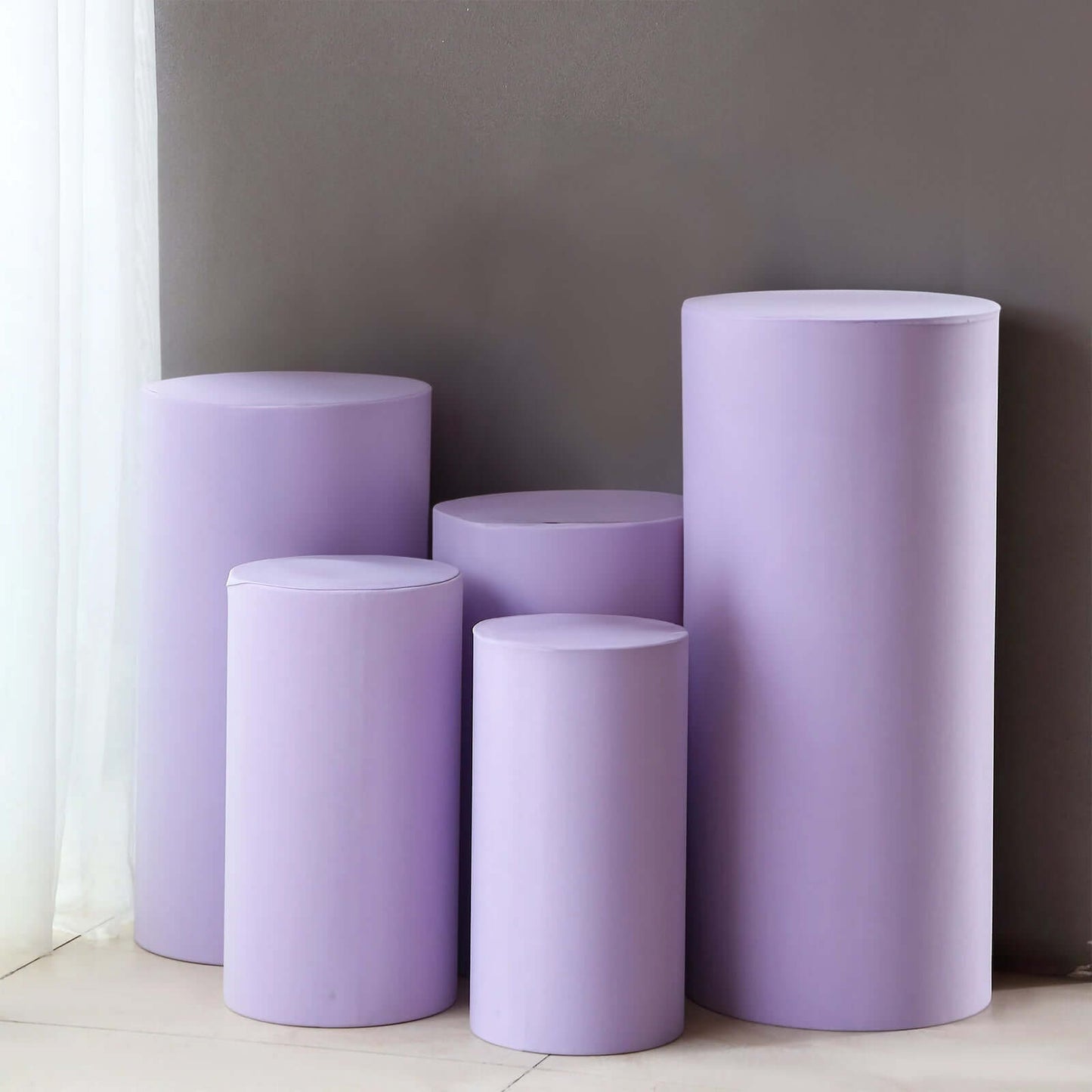 Set of 5 Lavender Lilac Spandex Cylinder Pedestal Stand Covers, Stretchable Pillar Prop Covers - 160 GSM