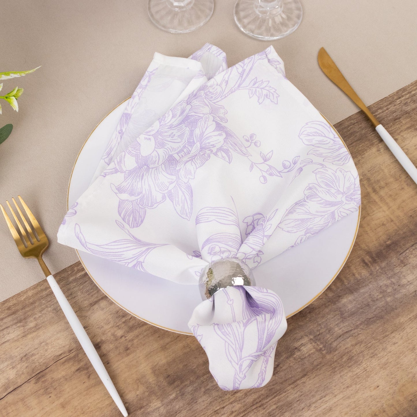 5 Pack Polyester 20"x20" Dinner Napkins White with Lavender Lilac French Toile Pattern - Reusable Floral Cloth Napkins