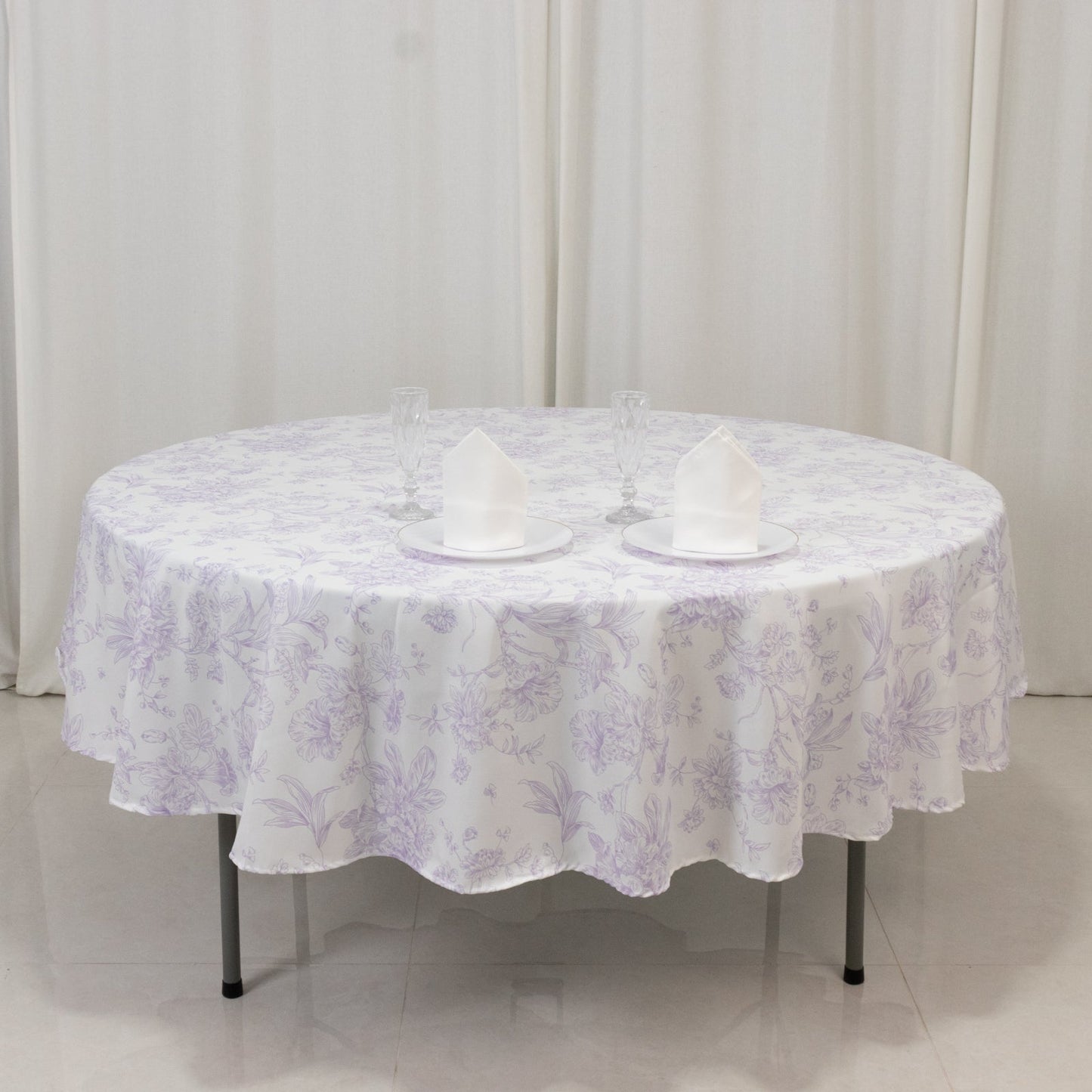 Polyester 90" Round Tablecloth White - Lavender Lilac French Toile Pattern for Chic Weddings