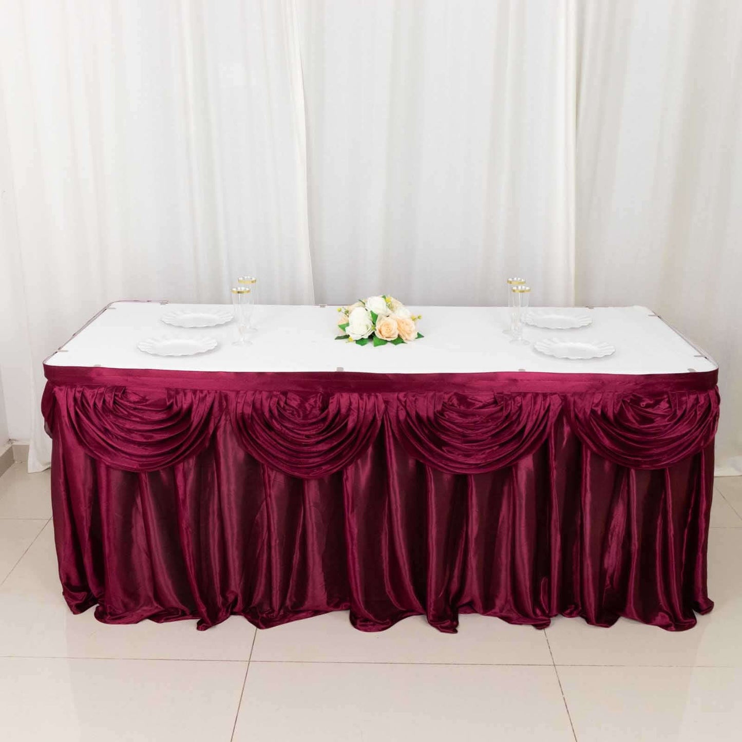 Satin 14ft Table Skirt Burgundy - Pleated Double Drape Table Cover