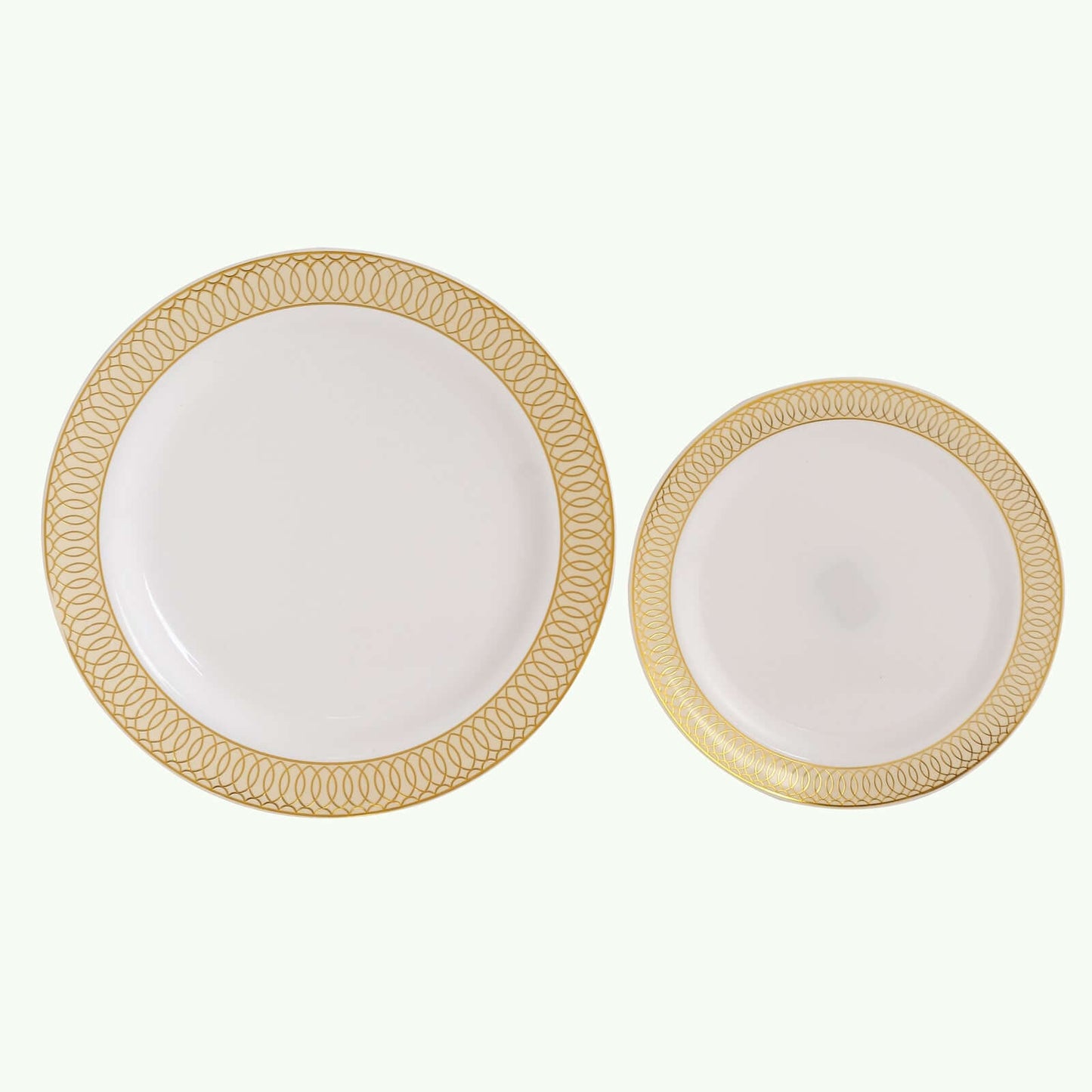 10-Pack Plastic Round Dessert Plates 7" White with Beige Gold Spiral Rim - Disposable Salad Plates