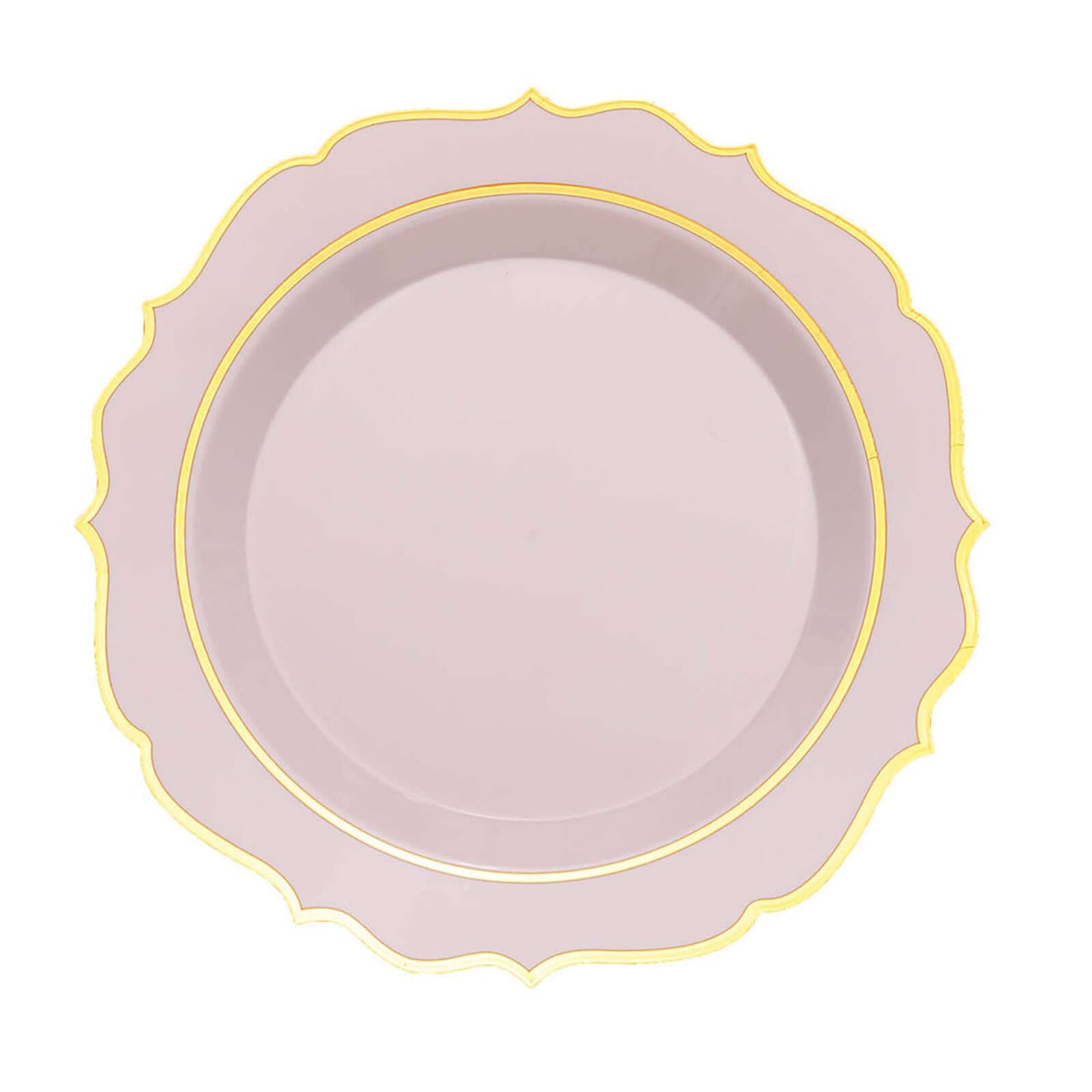 10-Pack Plastic 10" Round Dinner Plates in Blush with Gold Scalloped Rim - Disposable Party Plates