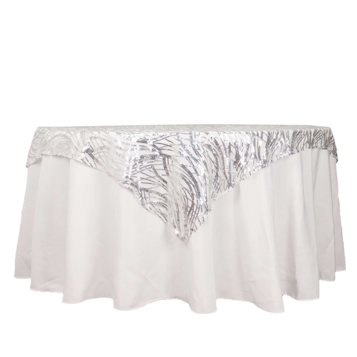Mesh 72"x72" Table Overlay Square Tablecloth Silver - Wave Embroidered Sequins Table Topper