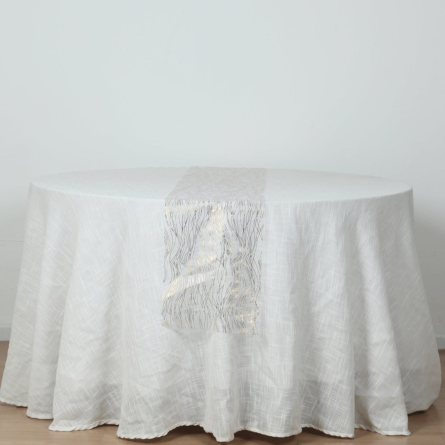 5 Pack Organza 12"x108" Table Runners White with Gold Foil Wave Design - Disposable Stylish Event Decoration