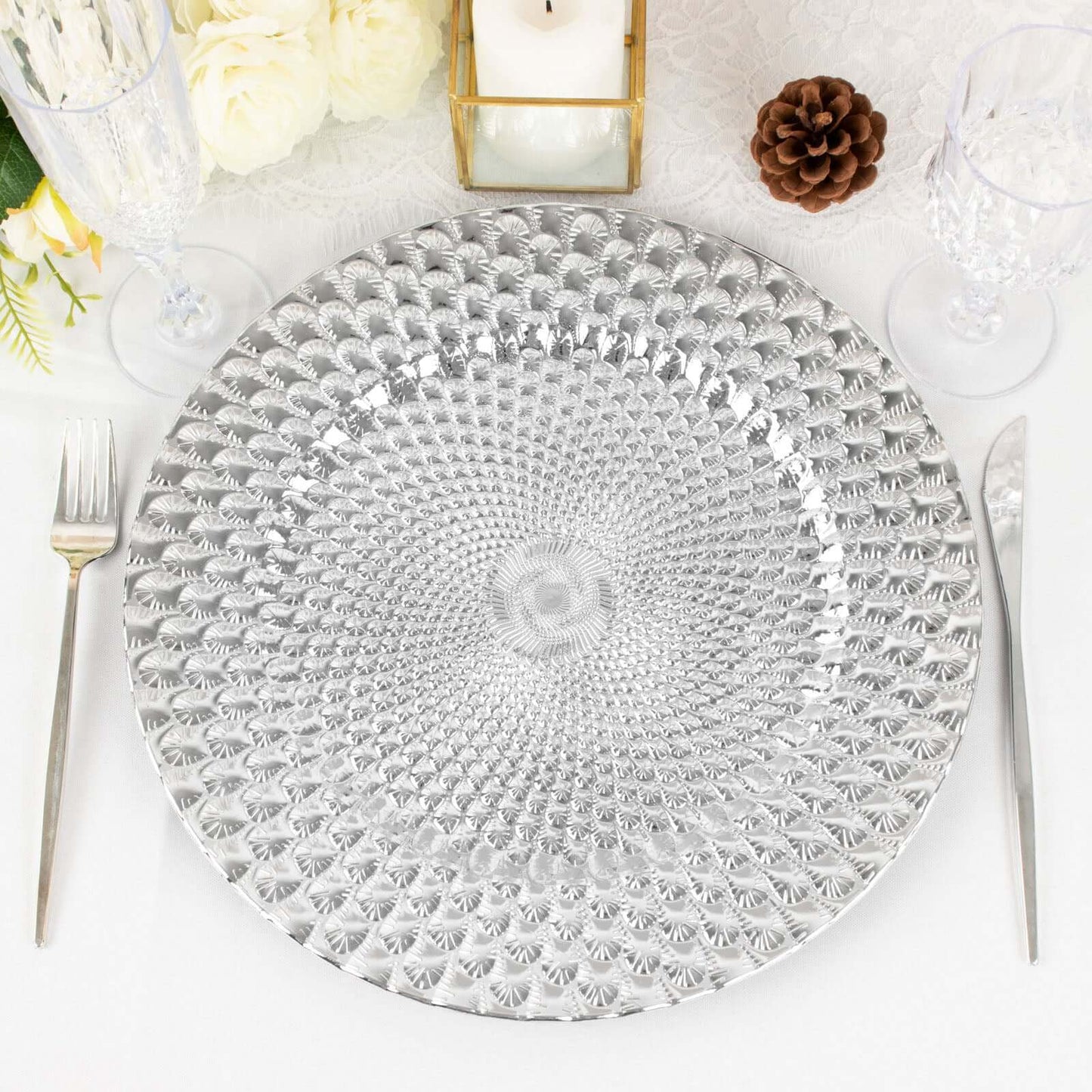 6-Pack Plastic Round Charger Plates 13" in Silver with Peacock Pattern, Exquisite Decorative Dinner Party Charger Tableware