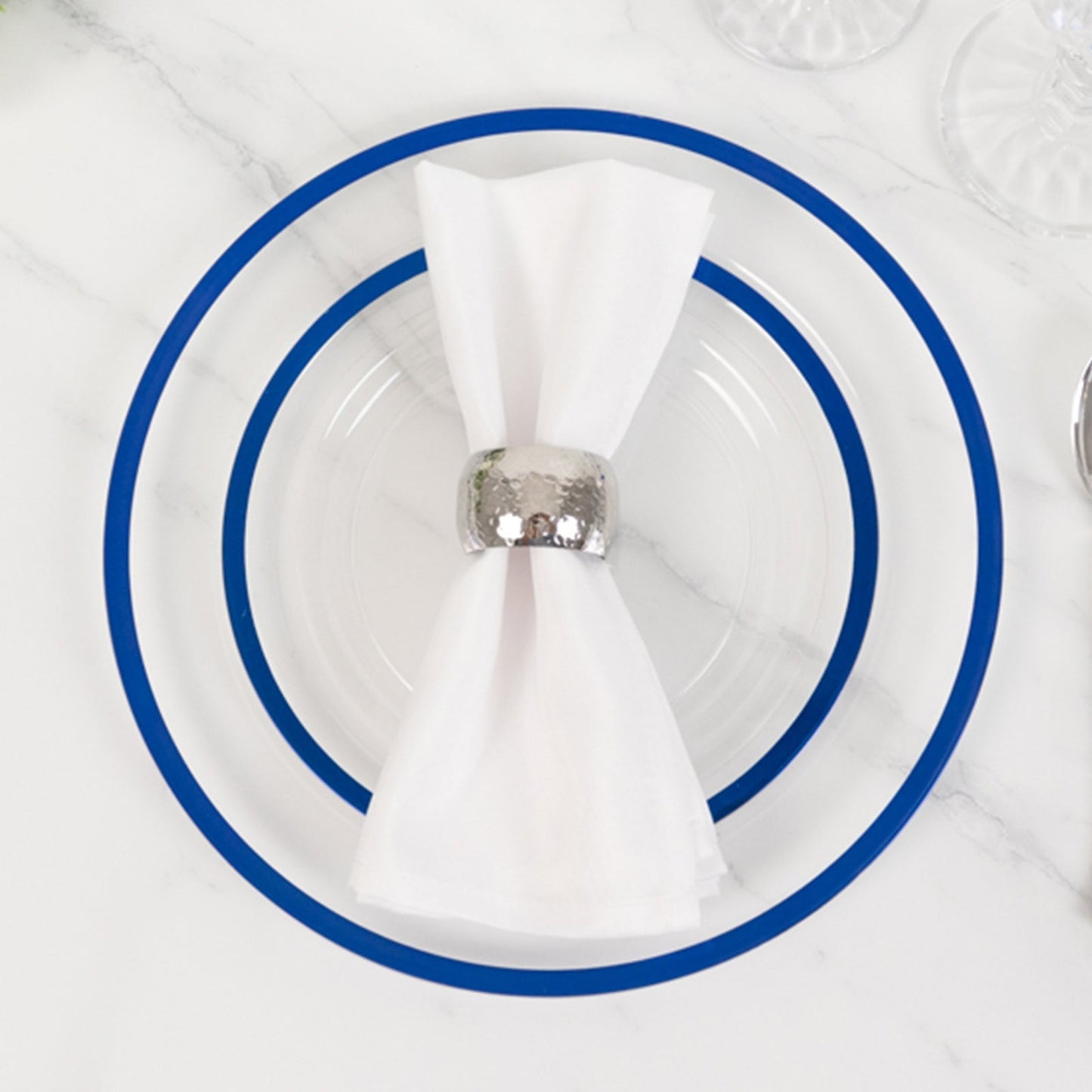 10-Pack Plastic 10" Round Dinner Plates in Clear with Blue Rim - Disposable Party Plates for Classy Banquets & Special Occasions